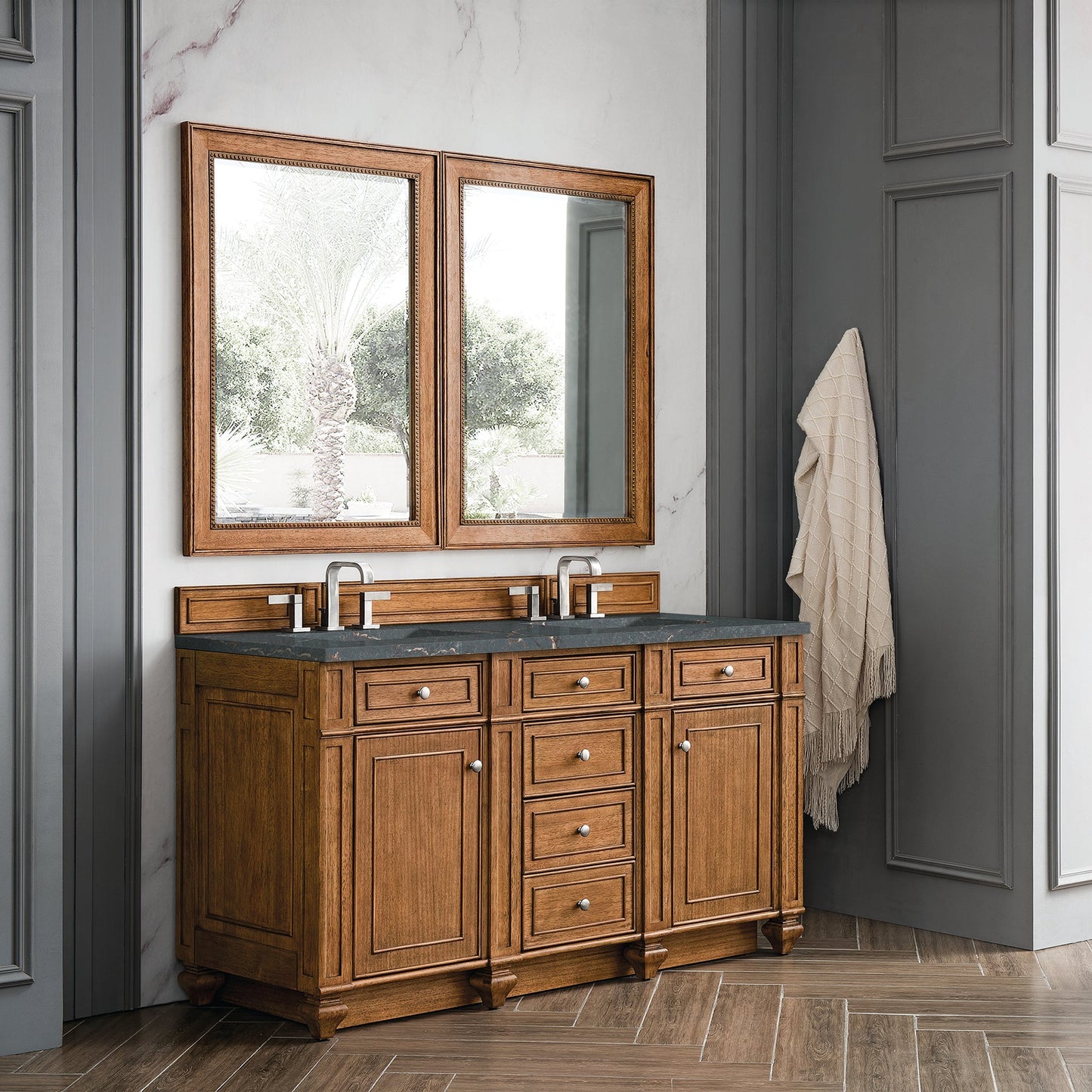 
                  
                    Bristol 60" Double Vanity in Saddle Brown Double bathroom Vanity James Martin Vanities Parisien Bleu Silestone 
                  
                