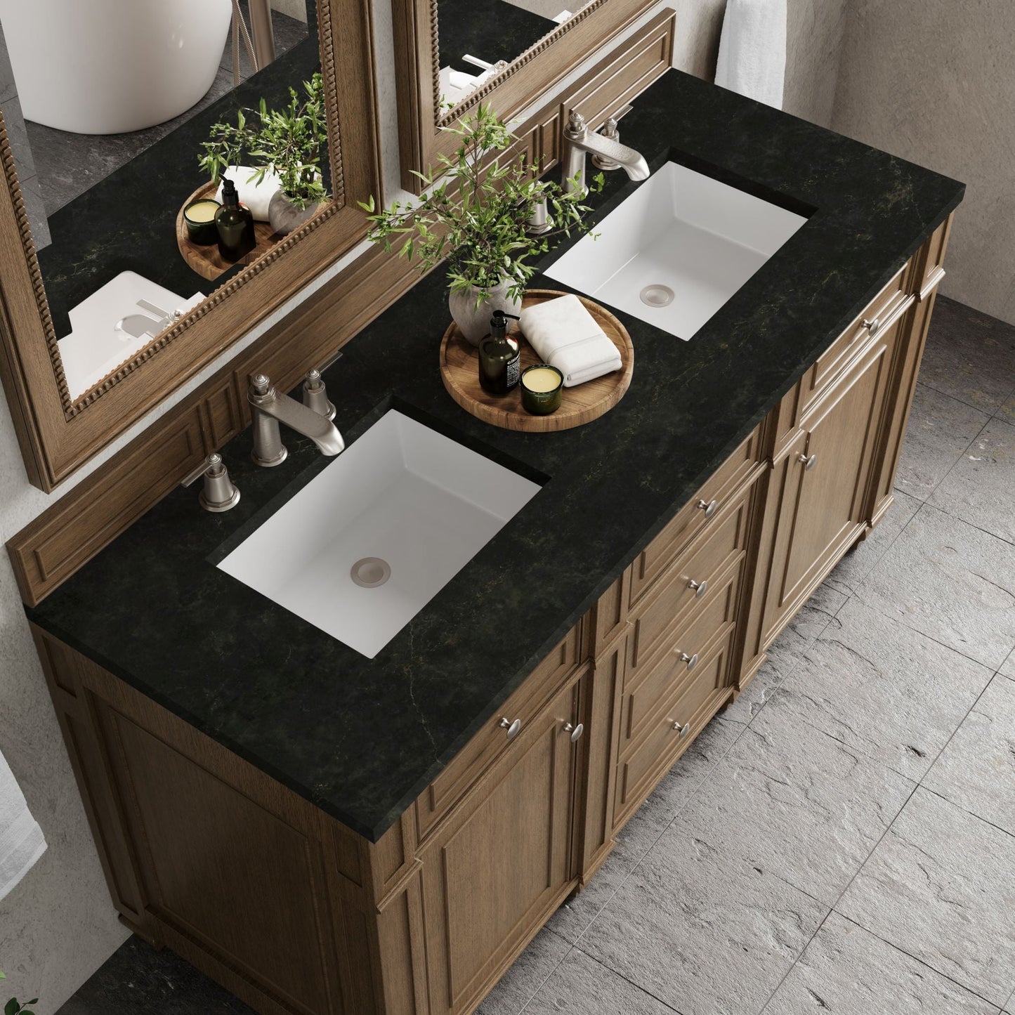 
                  
                    Bristol 60" Double Vanity in Saddle Brown Double bathroom Vanity James Martin Vanities Phantome Eclos 
                  
                
