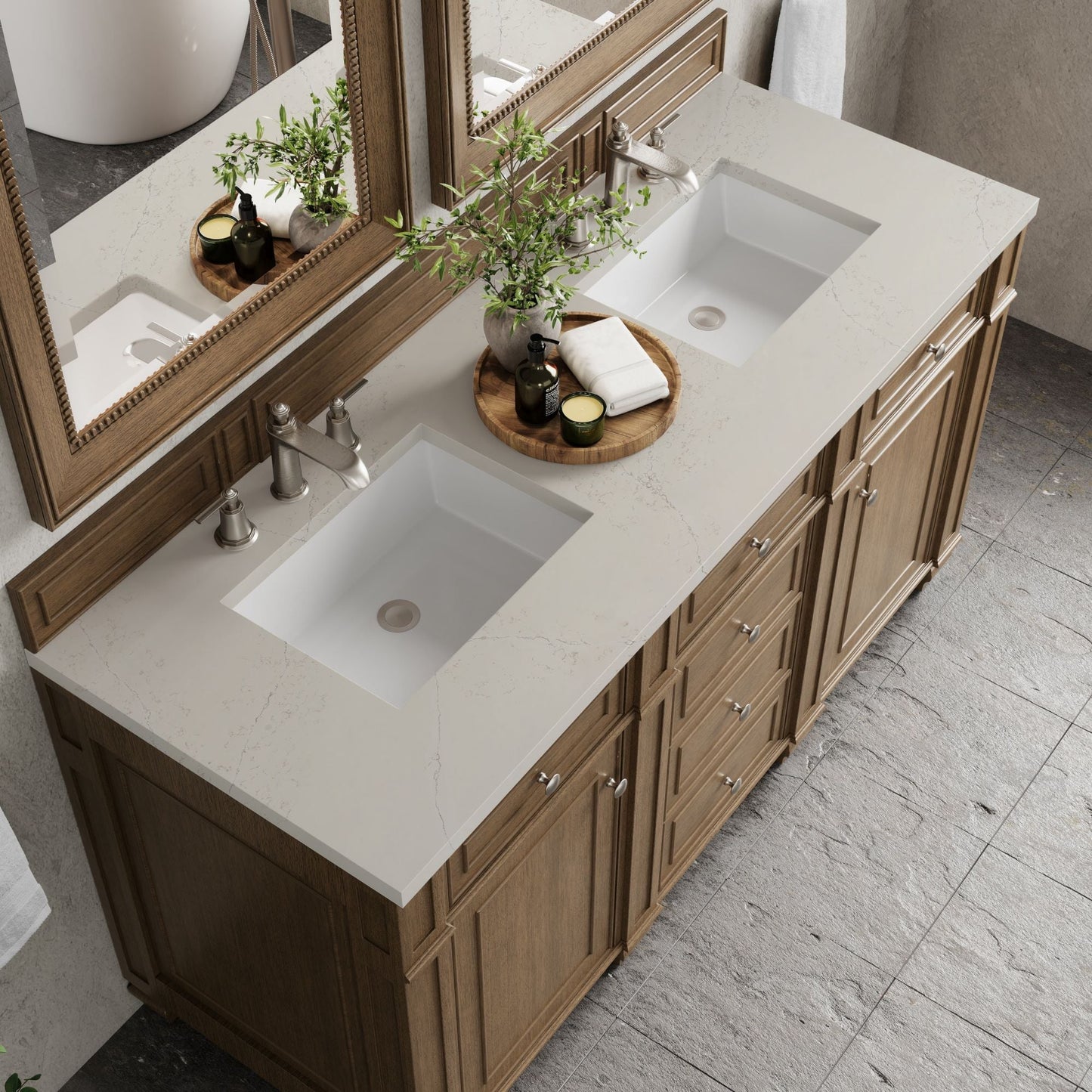 
                  
                    Bristol 60" Double Vanity in Saddle Brown Double bathroom Vanity James Martin Vanities Siberian Silestone 
                  
                
