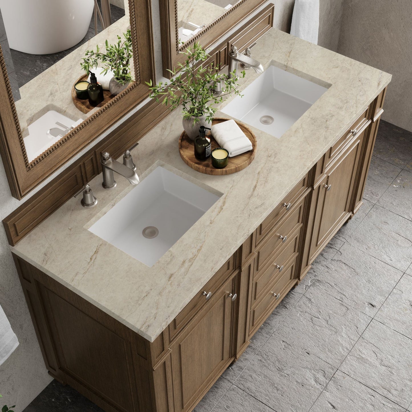 
                  
                    Bristol 60" Double Vanity in Saddle Brown Double bathroom Vanity James Martin Vanities Tajnar Eclos 
                  
                