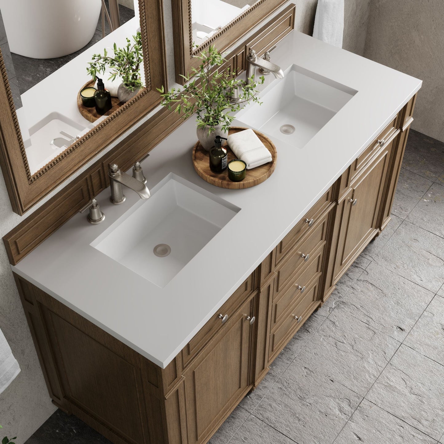 
                  
                    Bristol 60" Double Vanity in Saddle Brown Double bathroom Vanity James Martin Vanities White Zeus Silestone 
                  
                