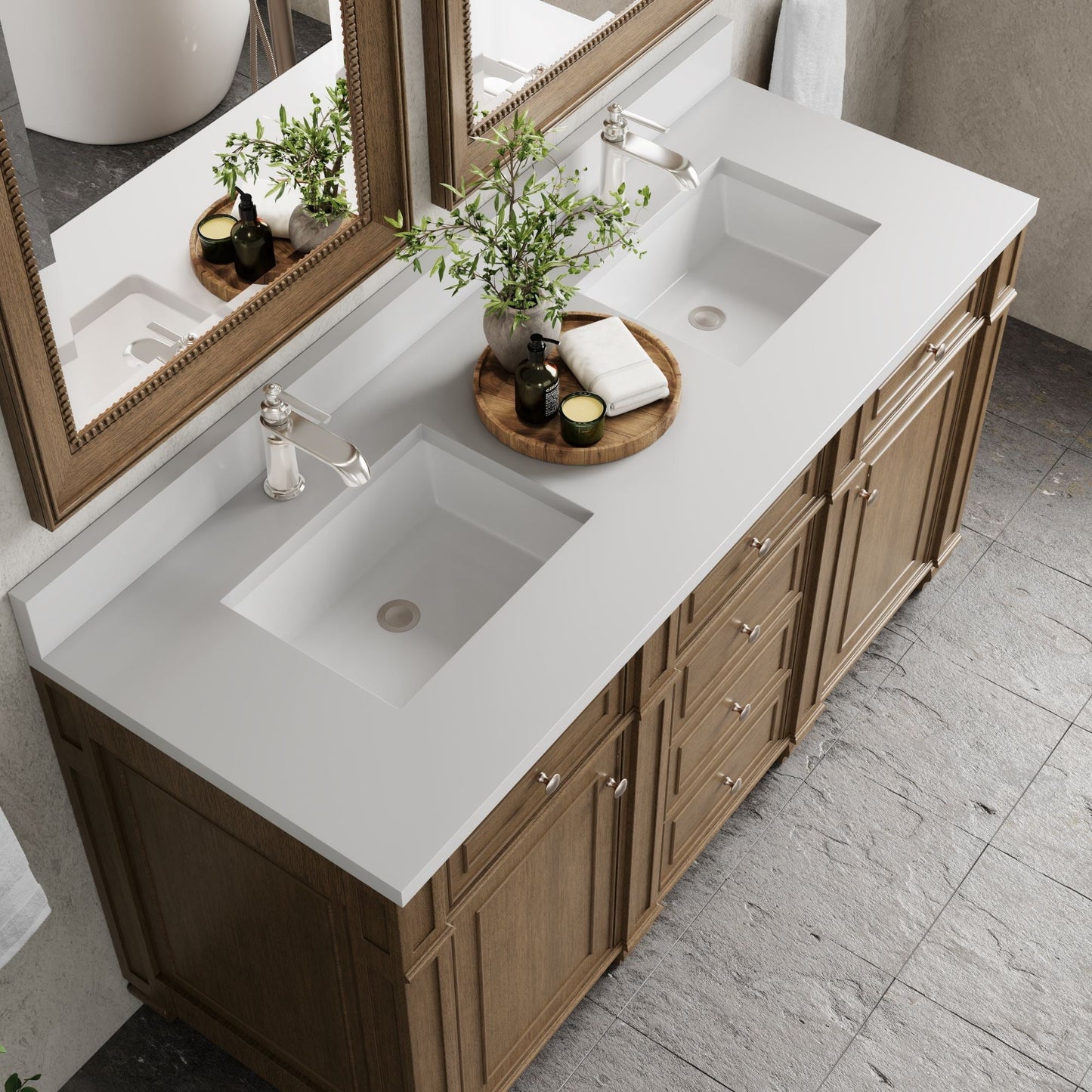 
                  
                    Bristol 60" Double Vanity in Saddle Brown Double bathroom Vanity James Martin Vanities White Zeus Single Faucet Silestone Top w/Backsplash 
                  
                