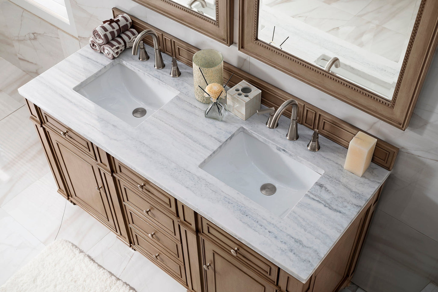 
                  
                    Bristol 60" Double Vanity in Whitewashed Walnut Double bathroom Vanity James Martin Vanities Arctic Fall Solid Surface 
                  
                