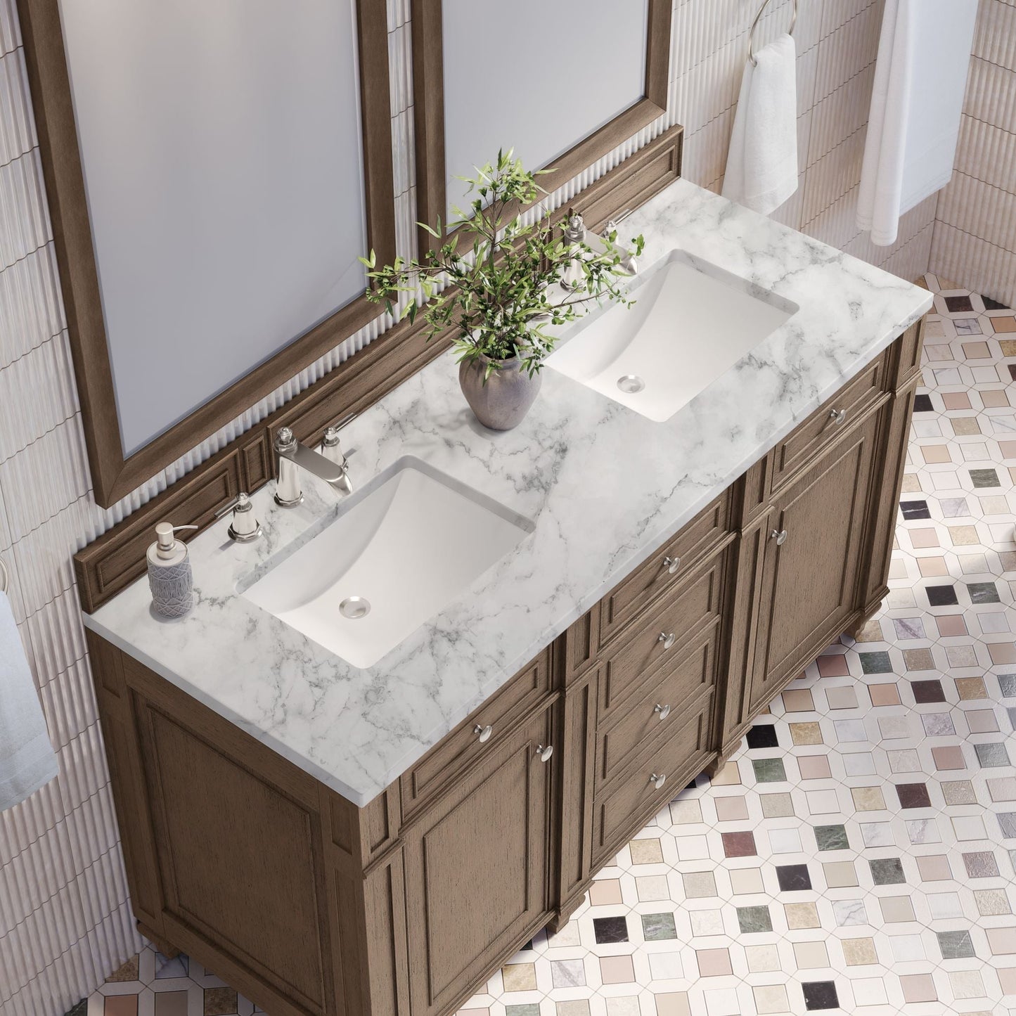 
                  
                    Bristol 60" Double Vanity in Whitewashed Walnut Double bathroom Vanity James Martin Vanities Carrara White Marble 
                  
                