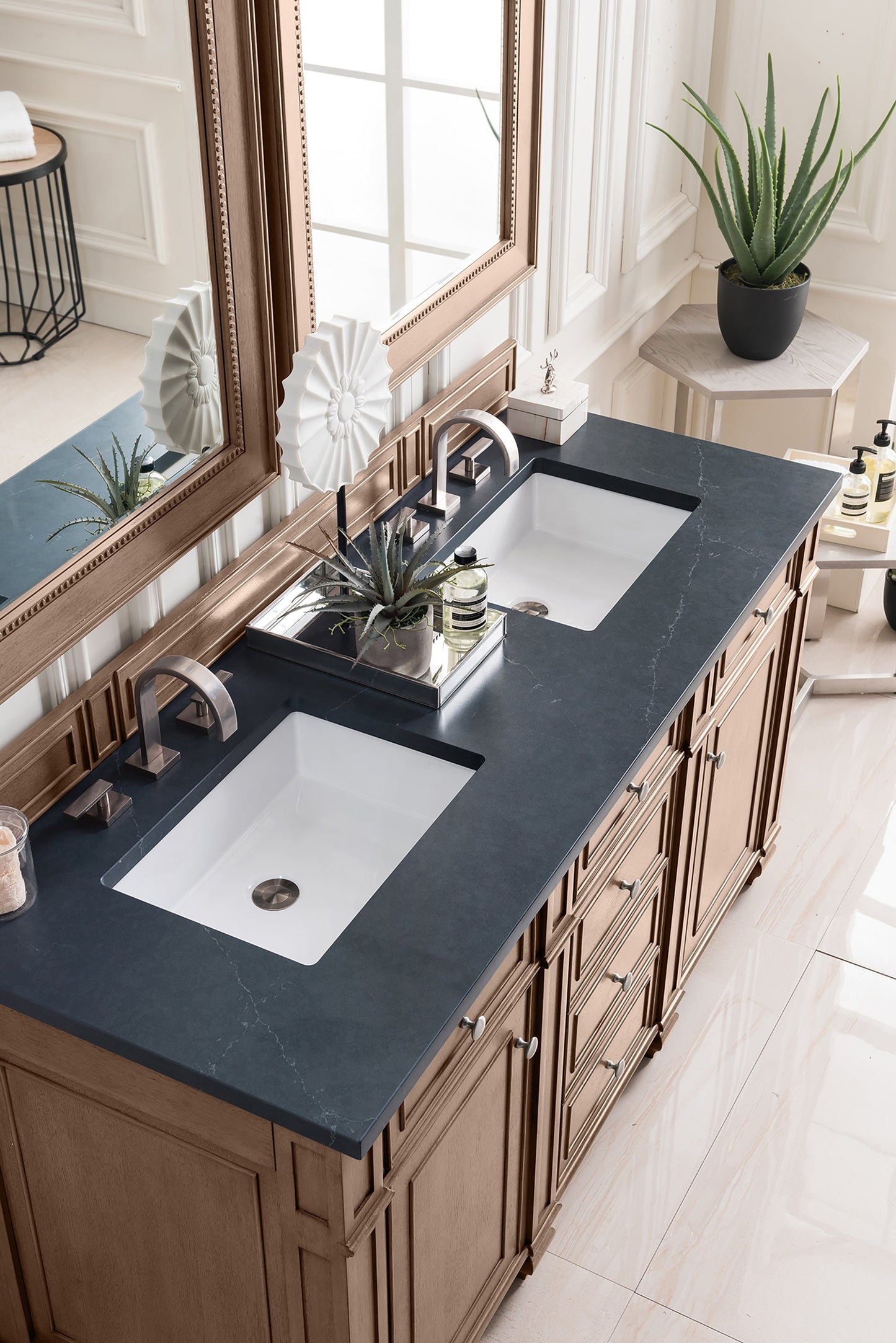 
                  
                    Bristol 60" Double Vanity in Whitewashed Walnut Double bathroom Vanity James Martin Vanities Charcoal Soapstone Silestone 
                  
                