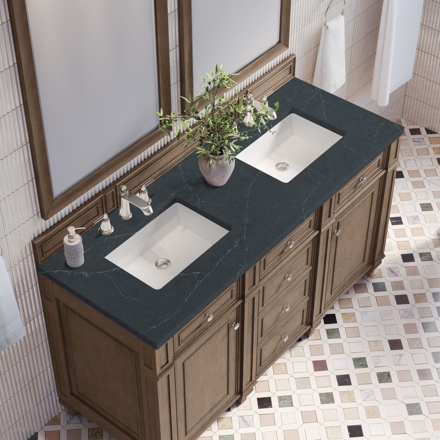
                  
                    Bristol 60" Double Vanity in Whitewashed Walnut Double bathroom Vanity James Martin Vanities Charcoal Soapstone Silestone 
                  
                