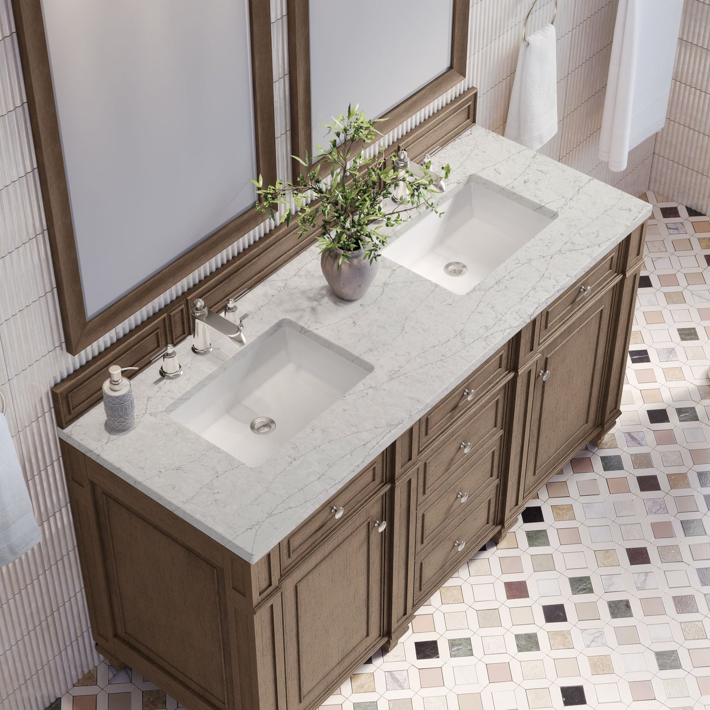 
                  
                    Bristol 60" Double Vanity in Whitewashed Walnut Double bathroom Vanity James Martin Vanities Eternal Jasmine Pearl Silestone 
                  
                