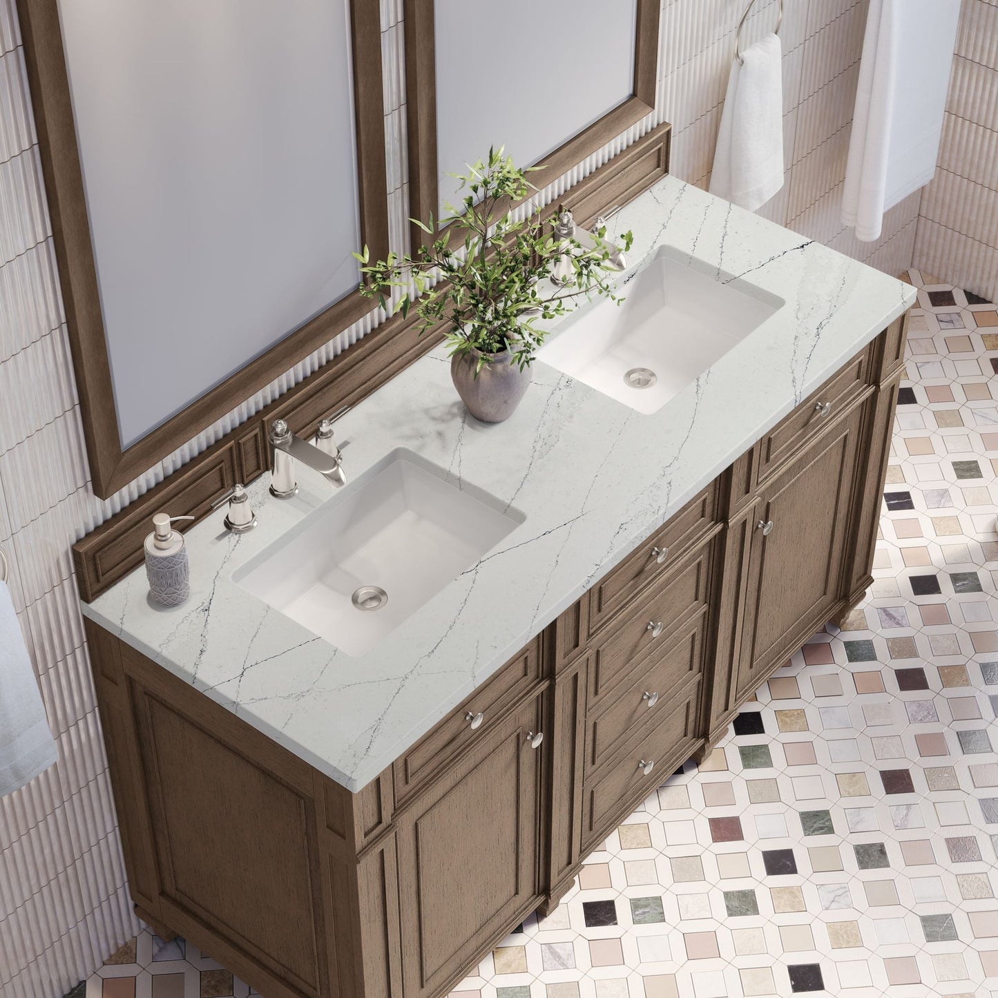 
                  
                    Bristol 60" Double Vanity in Whitewashed Walnut Double bathroom Vanity James Martin Vanities Ethereal Noctis Silestone 
                  
                