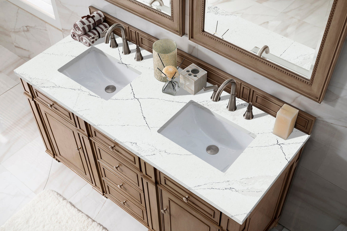 
                  
                    Bristol 60" Double Vanity in Whitewashed Walnut Double bathroom Vanity James Martin Vanities Ethereal Noctis Silestone 
                  
                