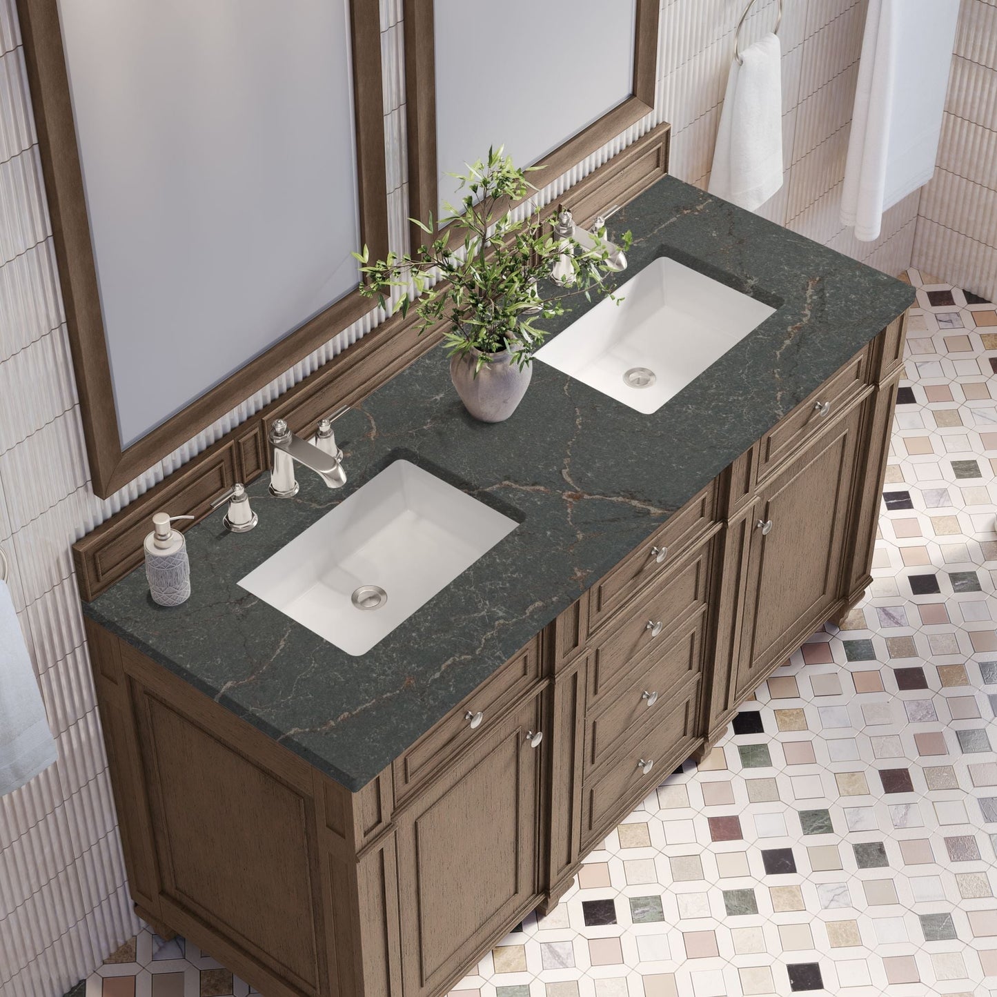 
                  
                    Bristol 60" Double Vanity in Whitewashed Walnut Double bathroom Vanity James Martin Vanities Parisien Bleu Silestone 
                  
                