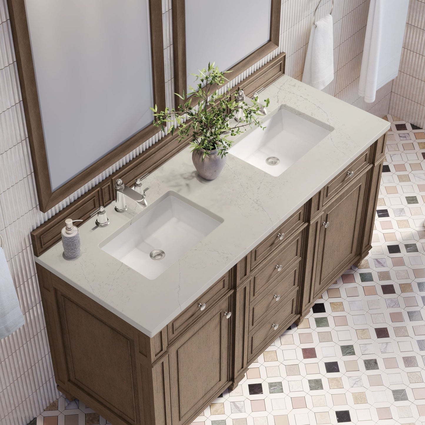 
                  
                    Bristol 60" Double Vanity in Whitewashed Walnut Double bathroom Vanity James Martin Vanities Siberian Silestone 
                  
                