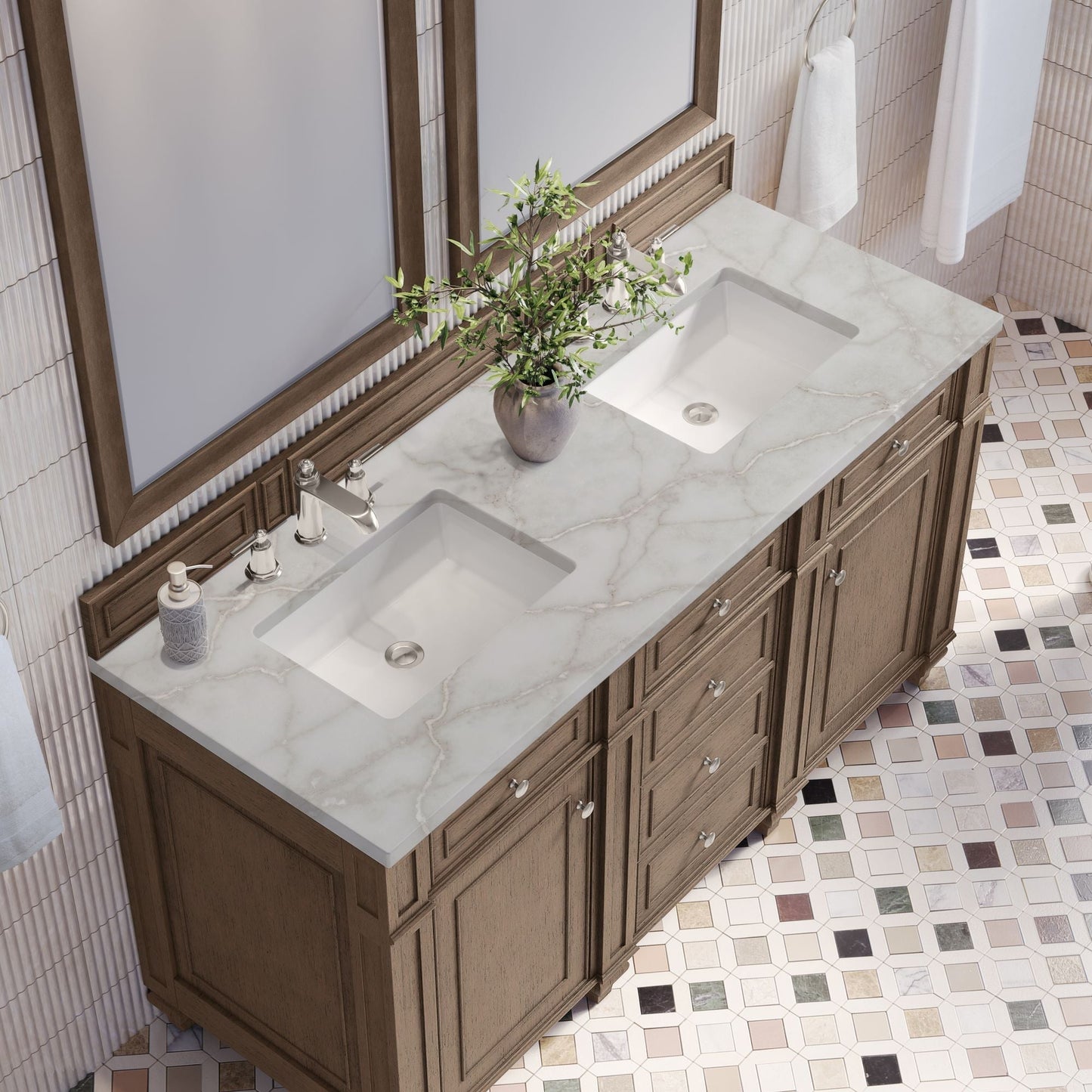 
                  
                    Bristol 60" Double Vanity in Whitewashed Walnut Double bathroom Vanity James Martin Vanities Victorian Silver Silestone 
                  
                