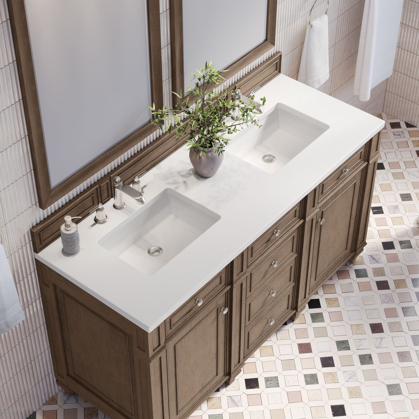 
                  
                    Bristol 60" Double Vanity in Whitewashed Walnut Double bathroom Vanity James Martin Vanities White Zeus Silestone 
                  
                