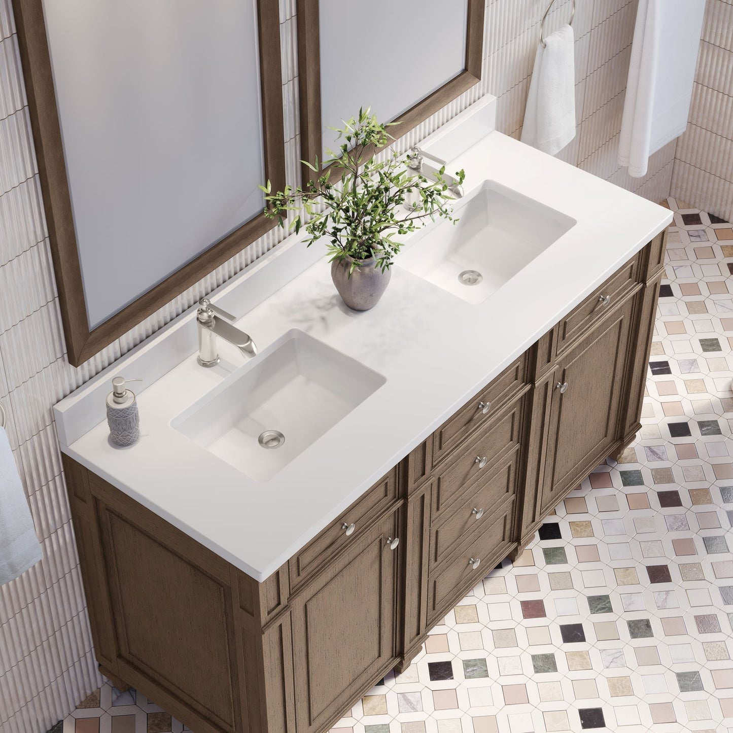 
                  
                    Bristol 60" Double Vanity in Whitewashed Walnut Double bathroom Vanity James Martin Vanities White Zeus Single Faucet Silestone Top w/Backsplash 
                  
                