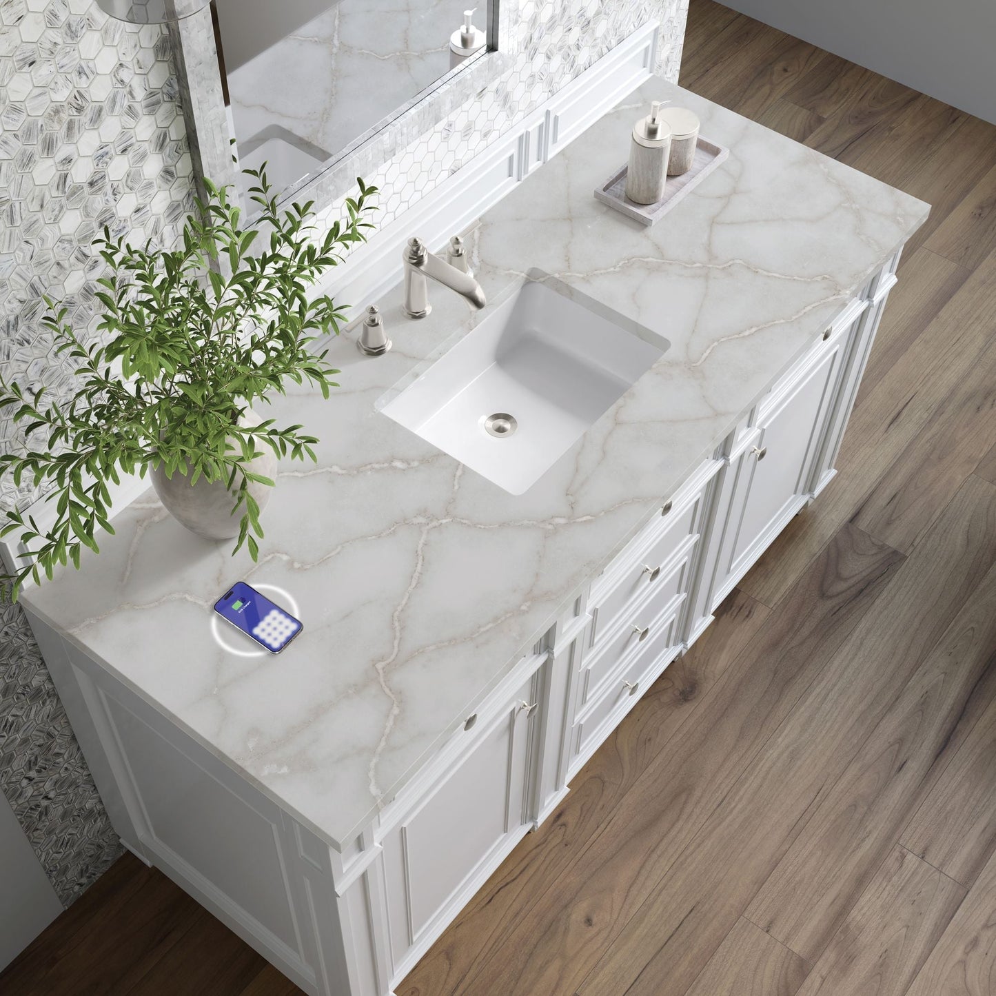 
                  
                    Bristol 60" Single Vanity in Bright White Double bathroom Vanity James Martin Vanities FreePower-Enabled Victorian Silver Silestone 
                  
                