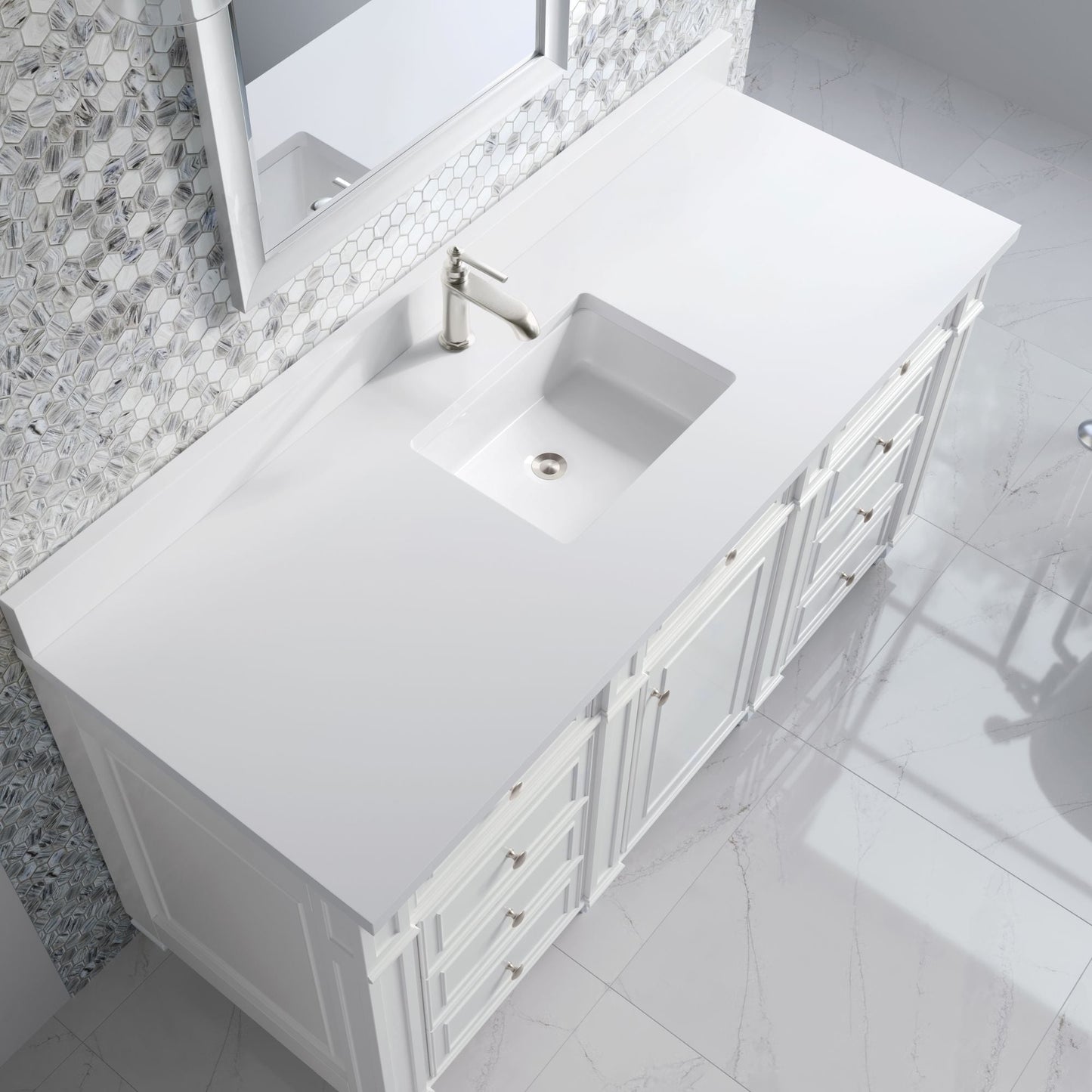 
                  
                    Bristol 60" Single Vanity in Bright White Double bathroom Vanity James Martin Vanities White Zeus Single Faucet Silestone Top w/Backsplash 
                  
                