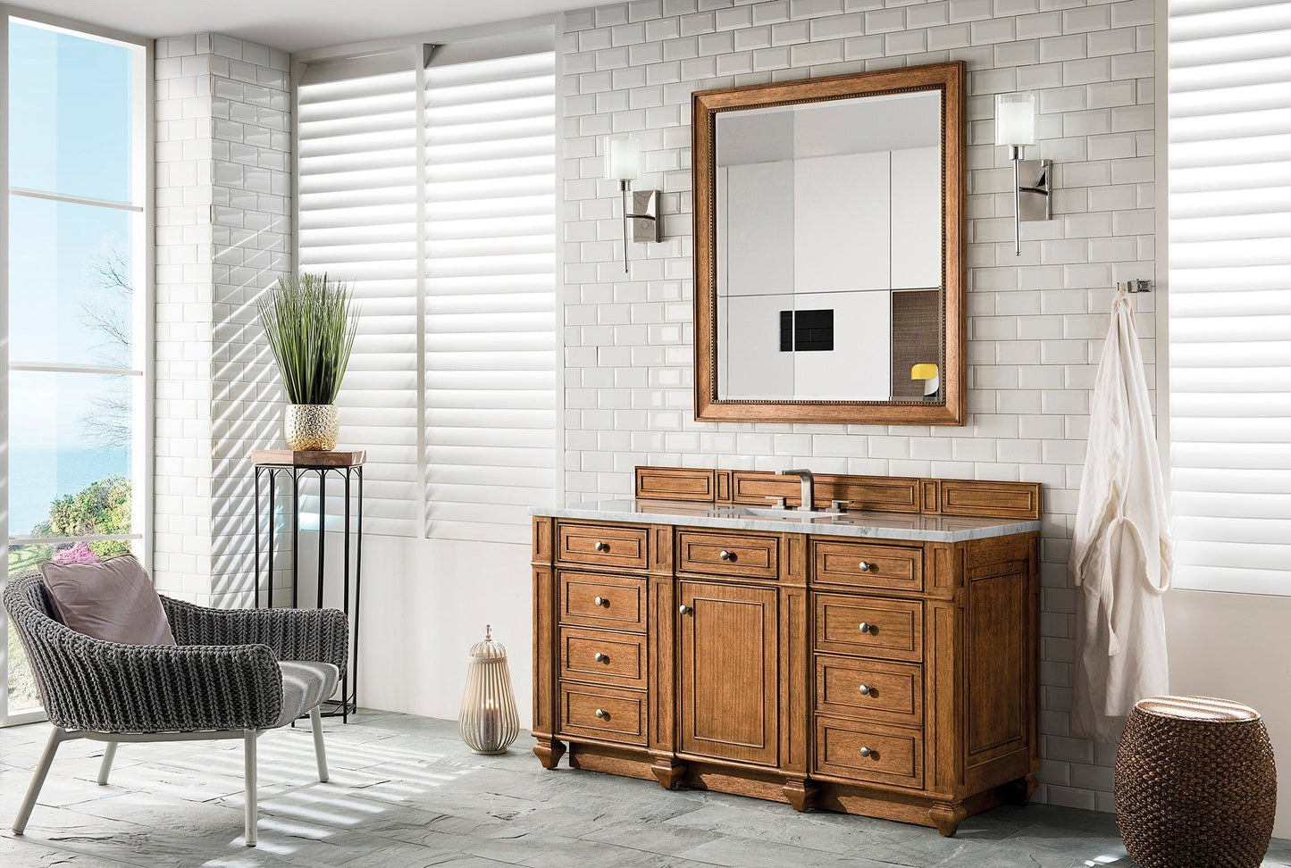 
                  
                    Bristol 60" Single Vanity in Saddle Brown Double bathroom Vanity James Martin Vanities Arctic Fall Solid Surface 
                  
                