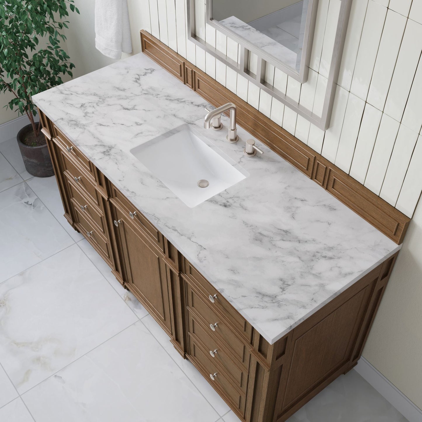 
                  
                    Bristol 60" Single Vanity in Saddle Brown Double bathroom Vanity James Martin Vanities Carrara White Marble 
                  
                