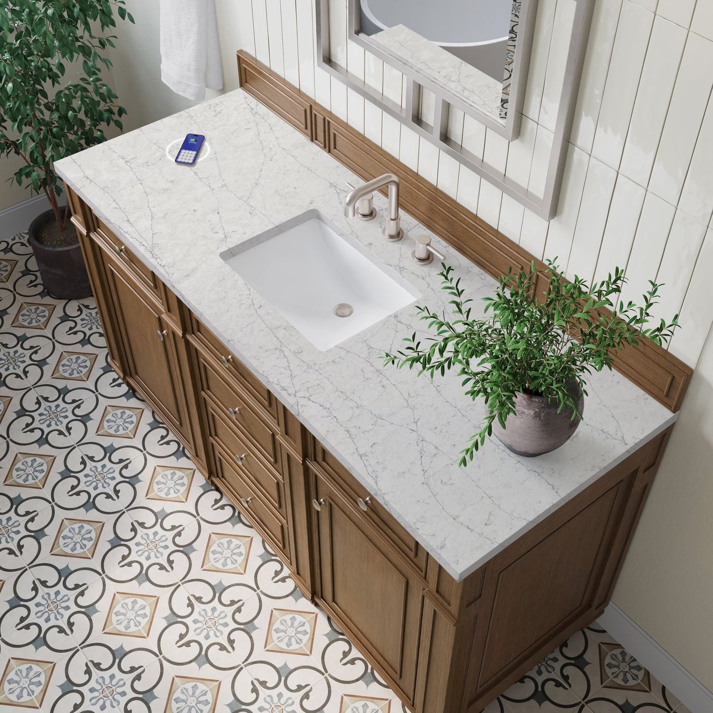 
                  
                    Bristol 60" Single Vanity in Saddle Brown Double bathroom Vanity James Martin Vanities FreePower-Enabled Eternal Jasmine Pearl Silestone 
                  
                