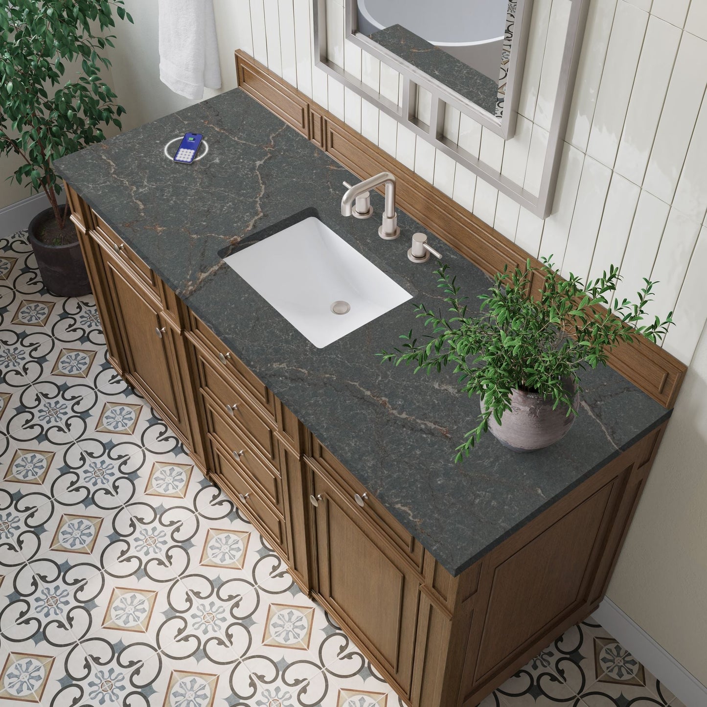 
                  
                    Bristol 60" Single Vanity in Saddle Brown Double bathroom Vanity James Martin Vanities FreePower-Enabled Parisien Bleu Silestone 
                  
                