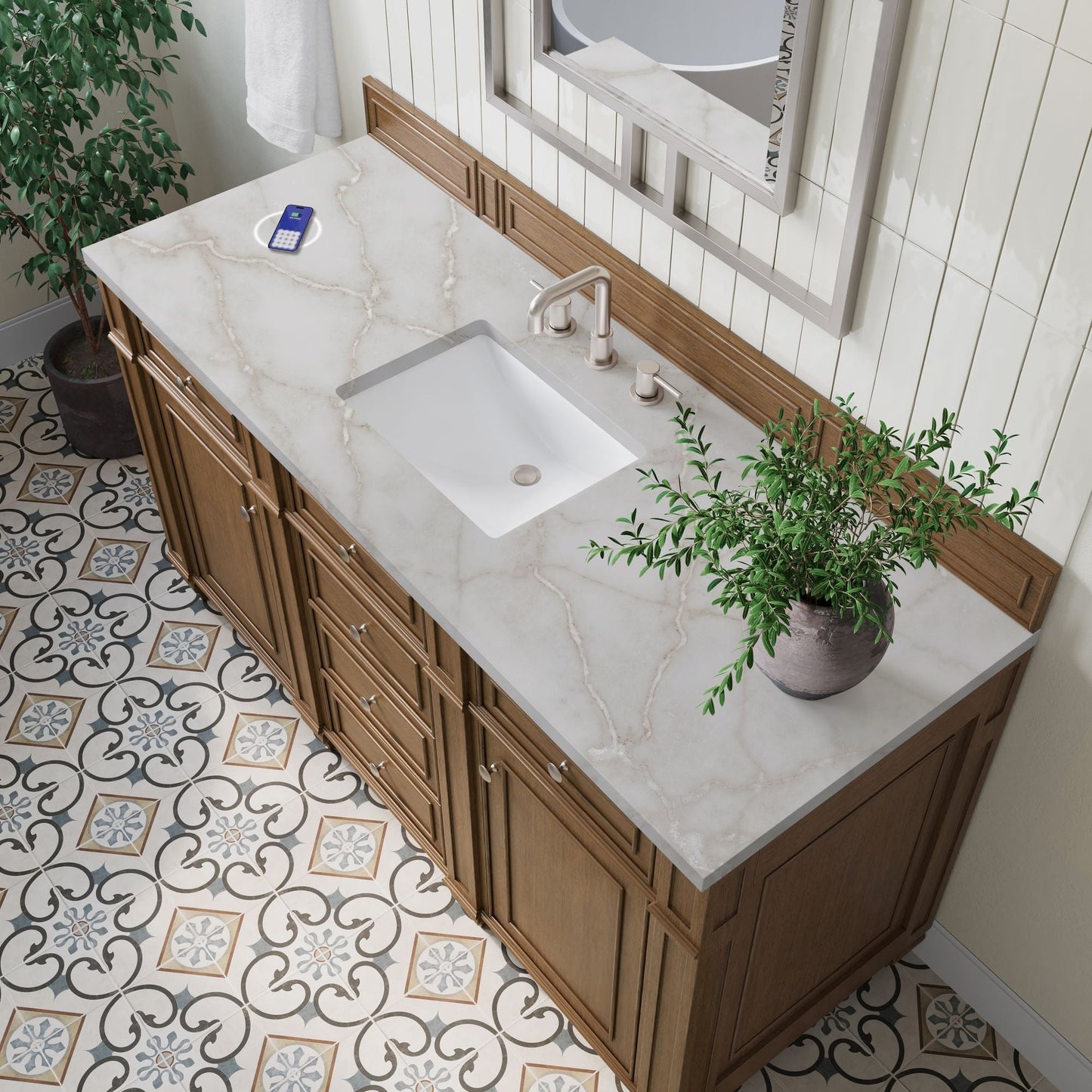
                  
                    Bristol 60" Single Vanity in Saddle Brown Double bathroom Vanity James Martin Vanities FreePower-Enabled Victorian Silver Silestone 
                  
                