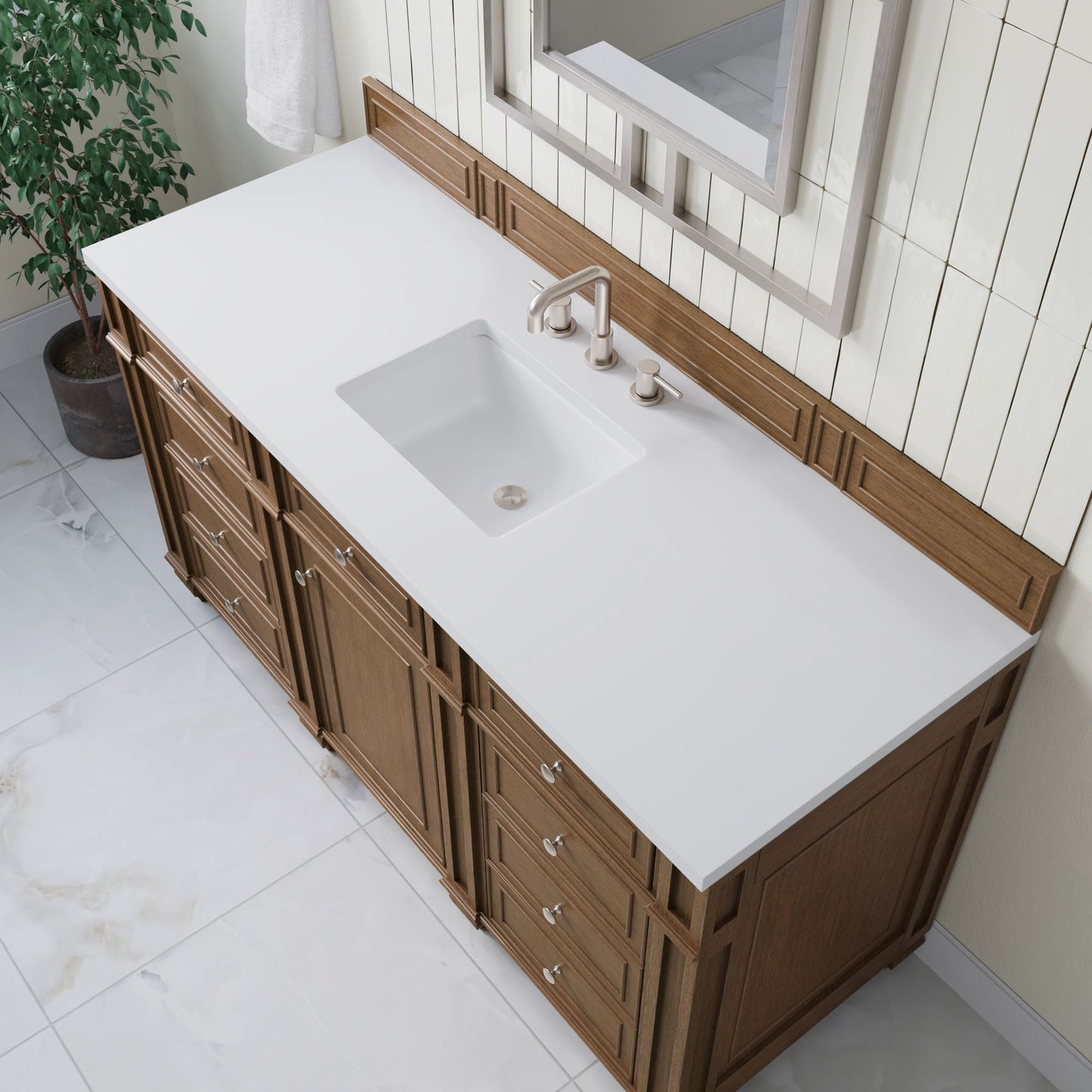 
                  
                    Bristol 60" Single Vanity in Saddle Brown Double bathroom Vanity James Martin Vanities White Zeus Silestone 
                  
                