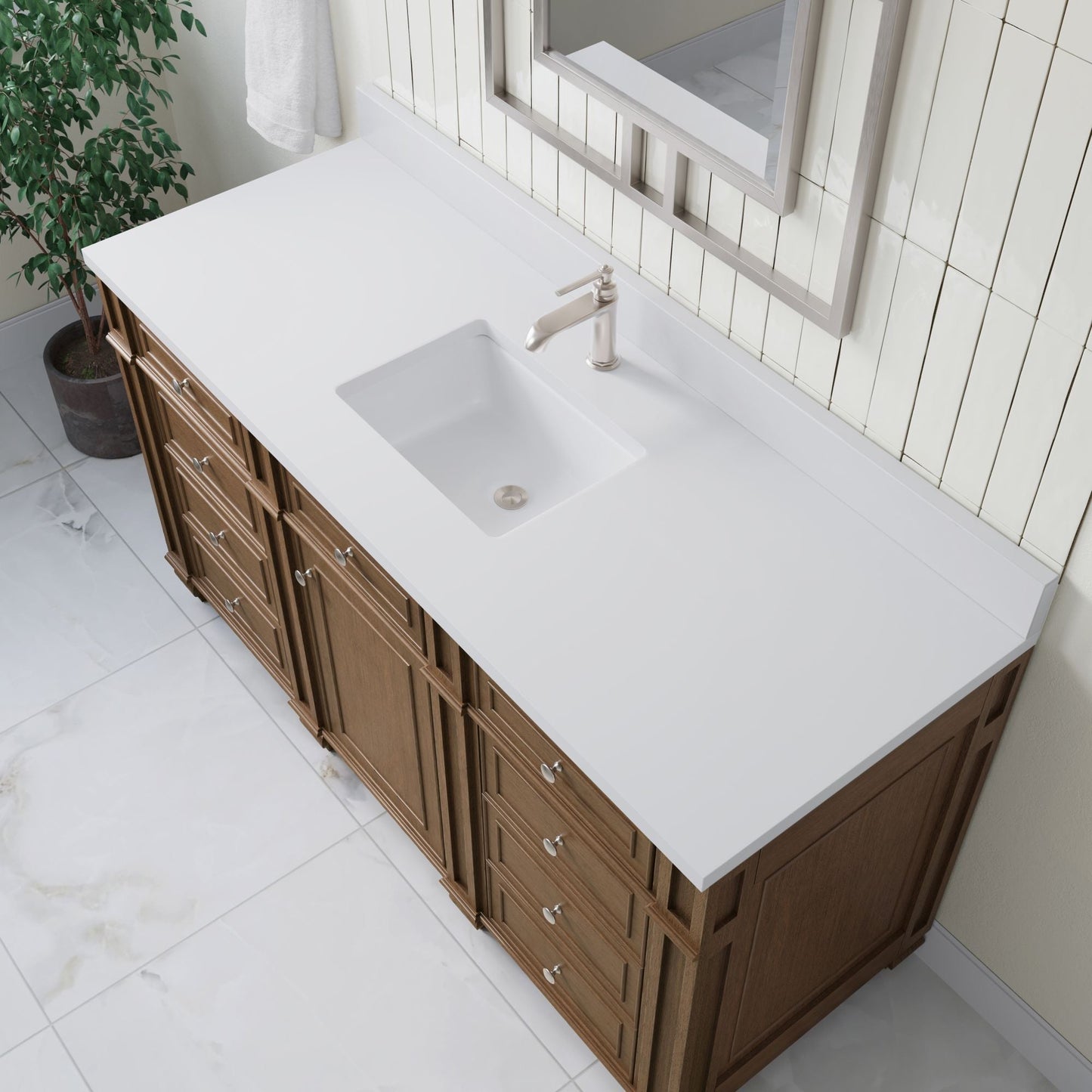 
                  
                    Bristol 60" Single Vanity in Saddle Brown Double bathroom Vanity James Martin Vanities White Zeus Single Faucet Silestone Top w/Backsplash 
                  
                