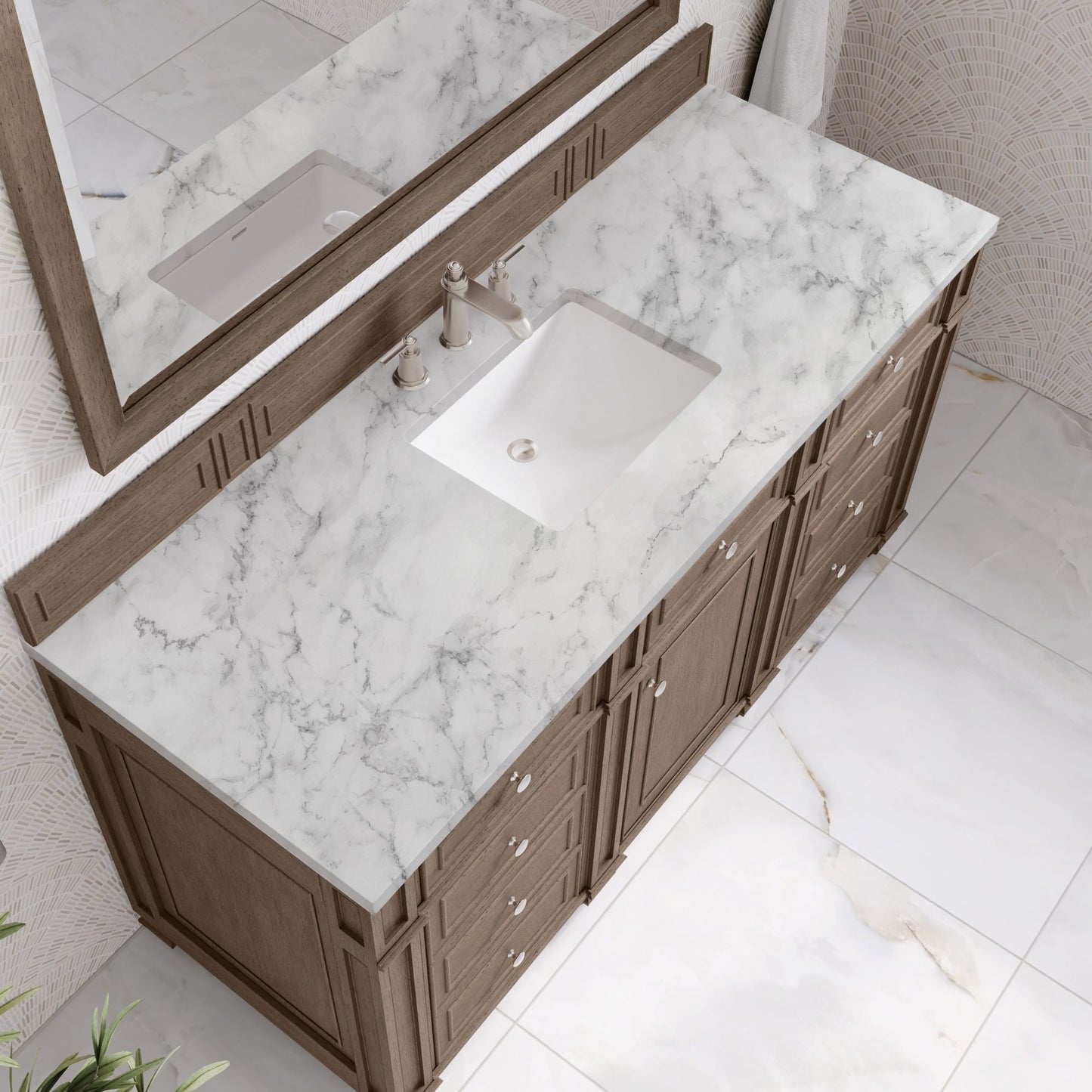 
                  
                    Bristol 60" Single Vanity in Whitewashed Walnut Double bathroom Vanity James Martin Vanities Carrara White Marble 
                  
                