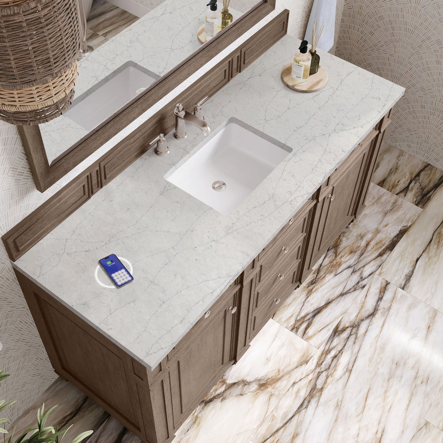 
                  
                    Bristol 60" Single Vanity in Whitewashed Walnut Double bathroom Vanity James Martin Vanities FreePower-Enabled Eternal Jasmine Pearl Silestone 
                  
                
