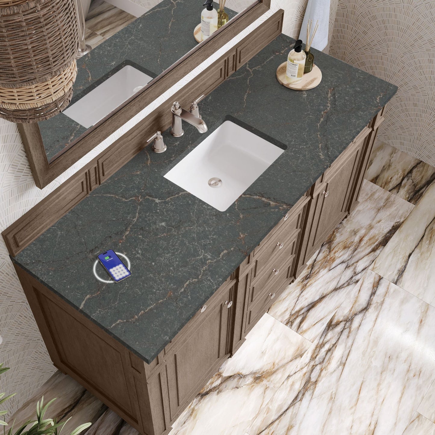 
                  
                    Bristol 60" Single Vanity in Whitewashed Walnut Double bathroom Vanity James Martin Vanities FreePower-Enabled Parisien Bleu Silestone 
                  
                