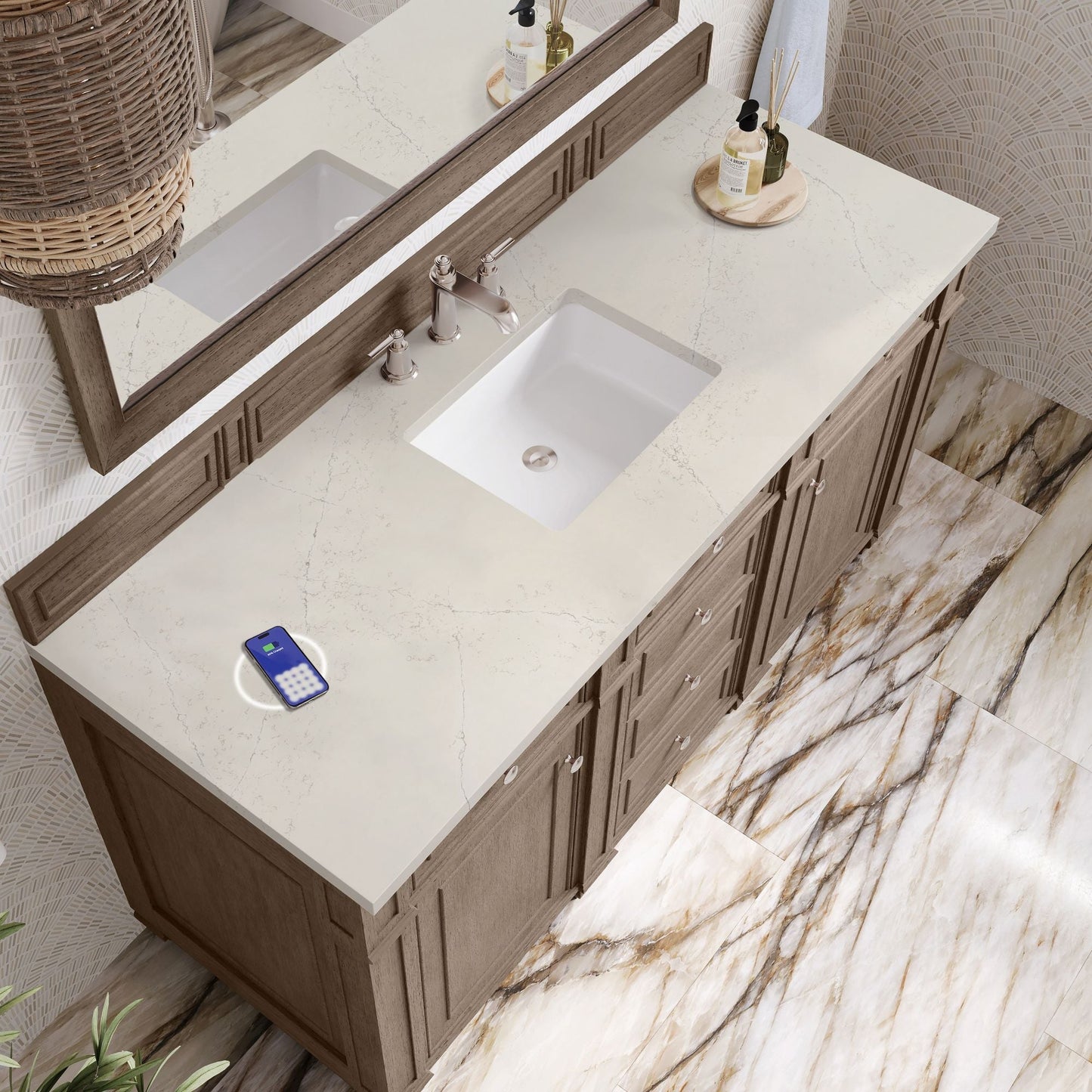 
                  
                    Bristol 60" Single Vanity in Whitewashed Walnut Double bathroom Vanity James Martin Vanities FreePower-Enabled Siberian Silestone 
                  
                