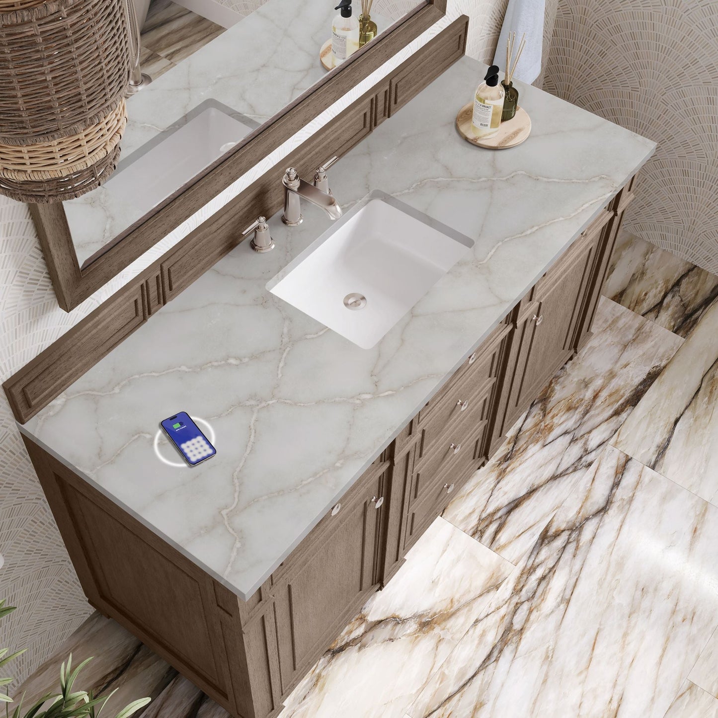 
                  
                    Bristol 60" Single Vanity in Whitewashed Walnut Double bathroom Vanity James Martin Vanities FreePower-Enabled Victorian Silver Silestone 
                  
                