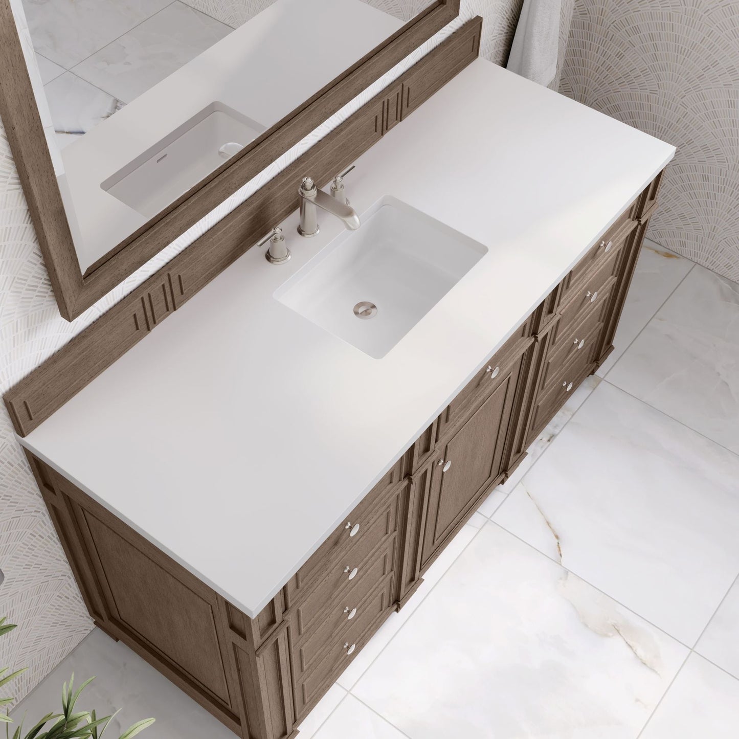 
                  
                    Bristol 60" Single Vanity in Whitewashed Walnut Double bathroom Vanity James Martin Vanities White Zeus Silestone 
                  
                