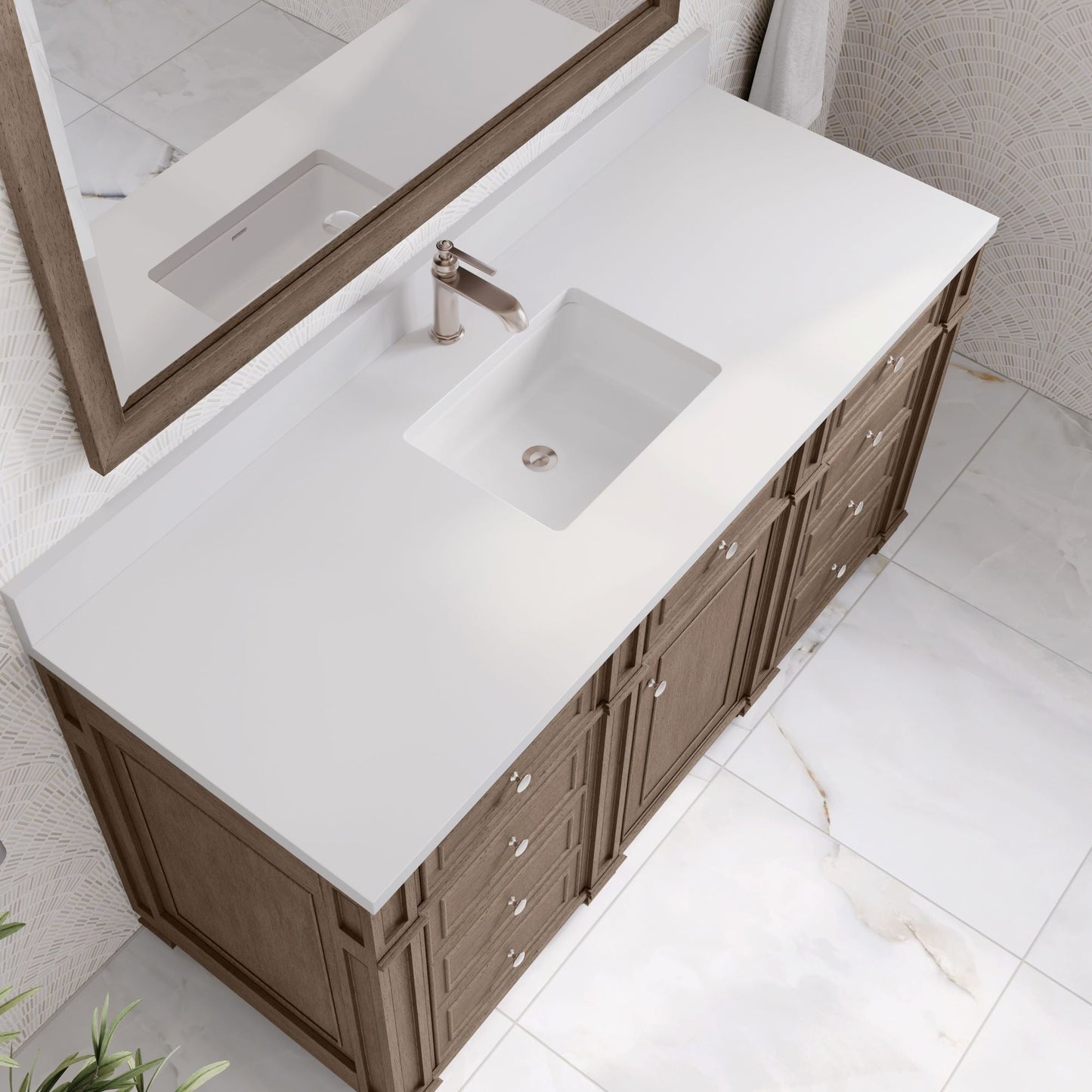 
                  
                    Bristol 60" Single Vanity in Whitewashed Walnut Double bathroom Vanity James Martin Vanities White Zeus Silestone Single Hole Faucet w/Backsplash 
                  
                