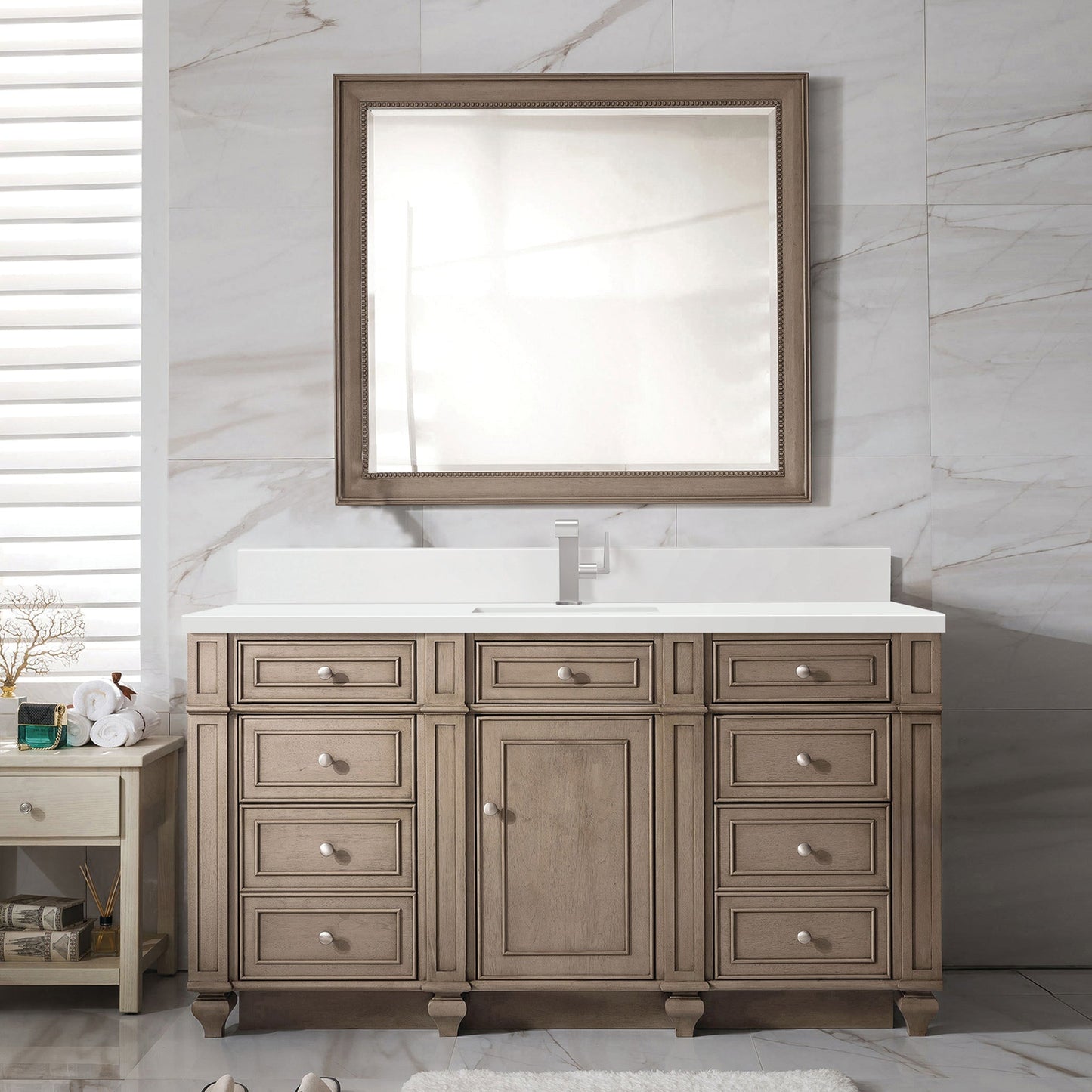Bristol 60" Single Vanity in Whitewashed Walnut Double bathroom Vanity James Martin Vanities White Zeus Silestone Single Hole Faucet w/Backsplash 