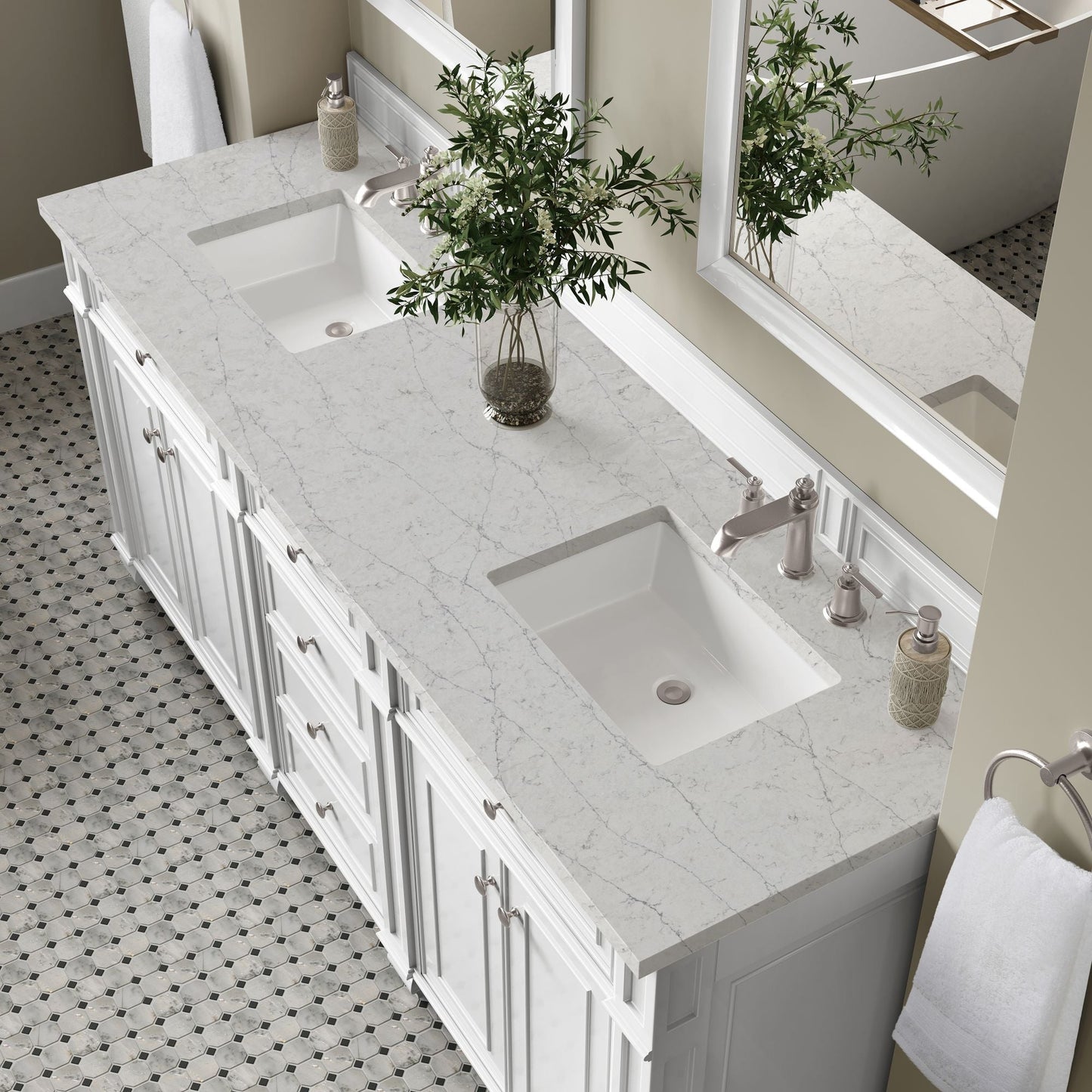 
                  
                    Bristol 72" Double Vanity in Bright White Double bathroom Vanity James Martin Vanities Eternal Jasmine Pearl Silestone 
                  
                