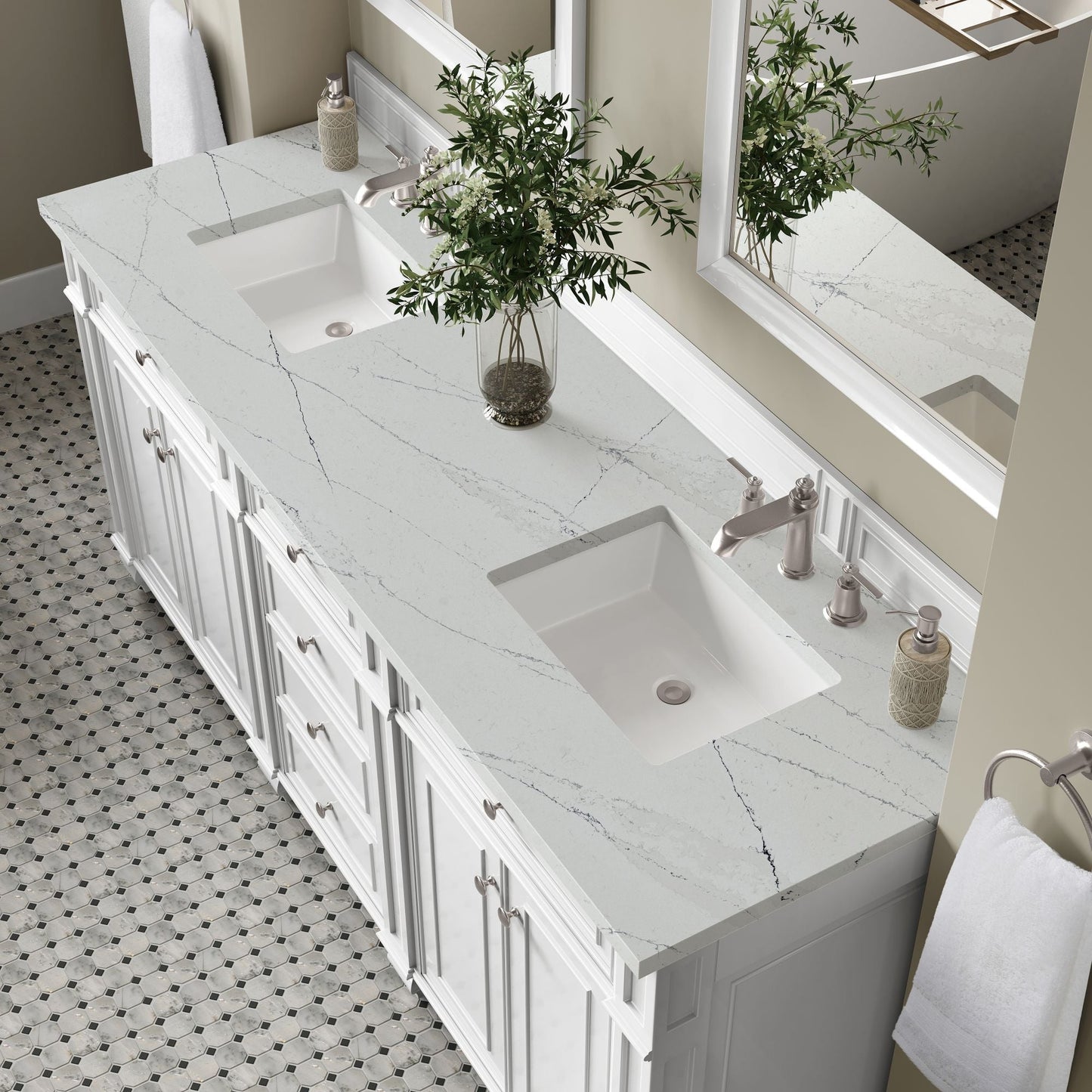 
                  
                    Bristol 72" Double Vanity in Bright White Double bathroom Vanity James Martin Vanities Ethereal Noctis Silestone 
                  
                