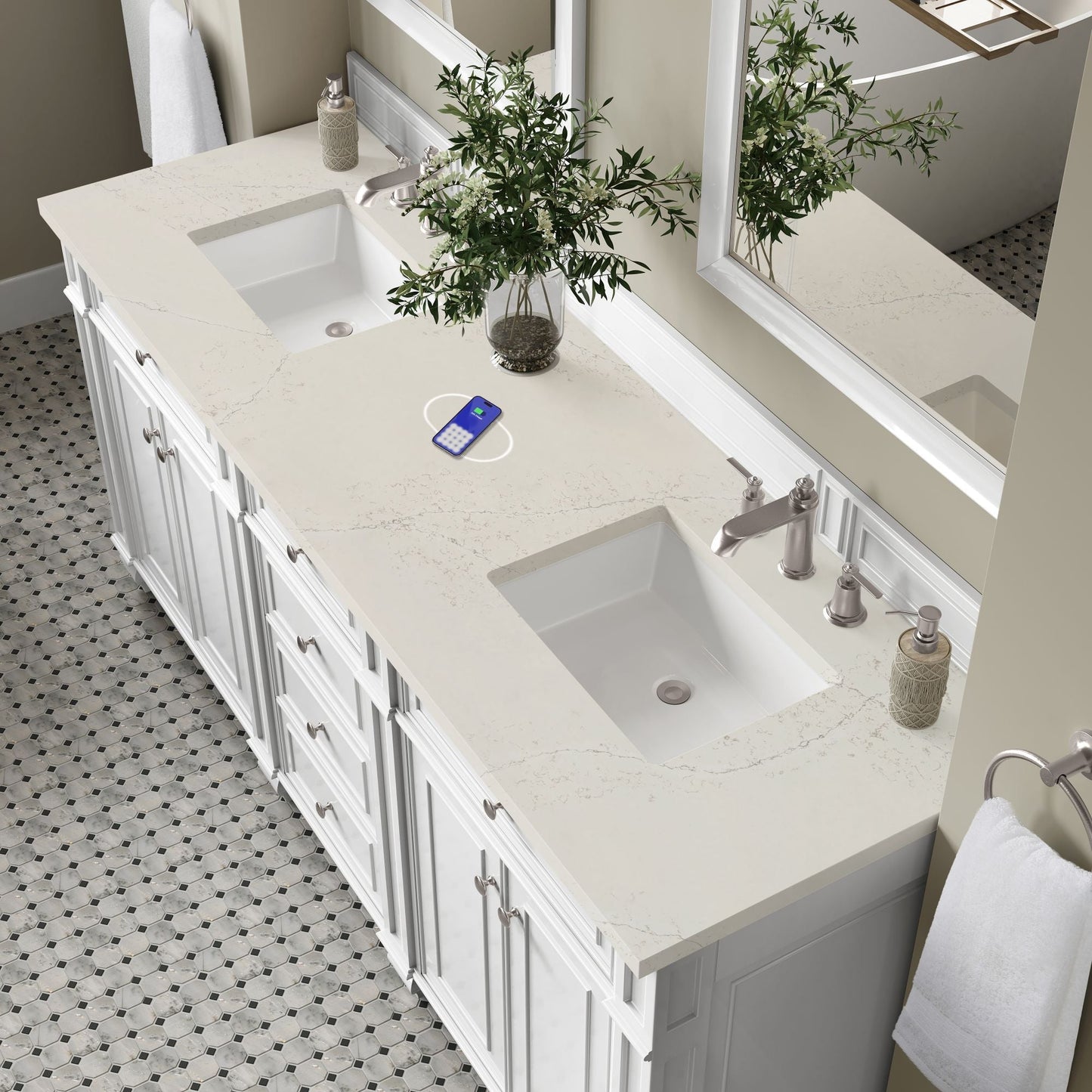 
                  
                    Bristol 72" Double Vanity in Bright White Double bathroom Vanity James Martin Vanities FreePower-Enabled Siberian Silestone 
                  
                