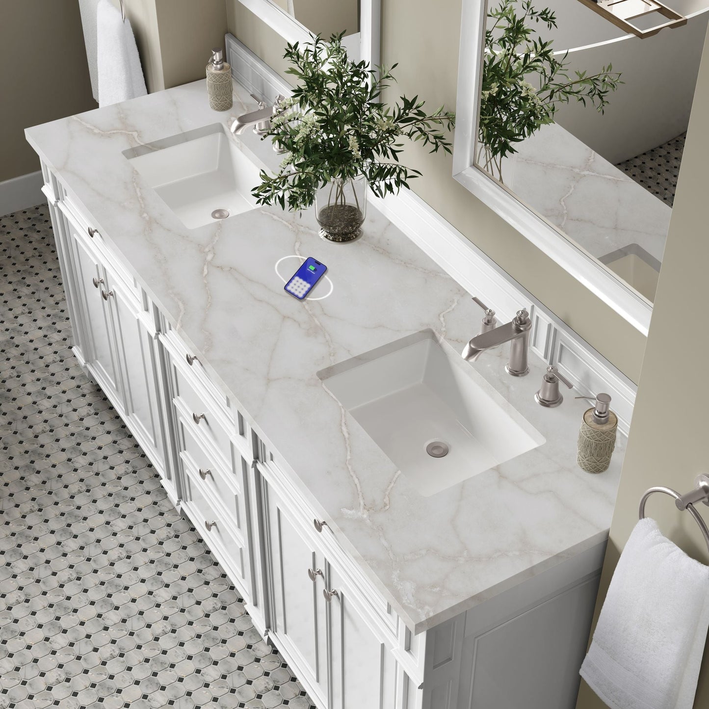 
                  
                    Bristol 72" Double Vanity in Bright White Double bathroom Vanity James Martin Vanities FreePower-Enabled Victorian Silver Silestone 
                  
                
