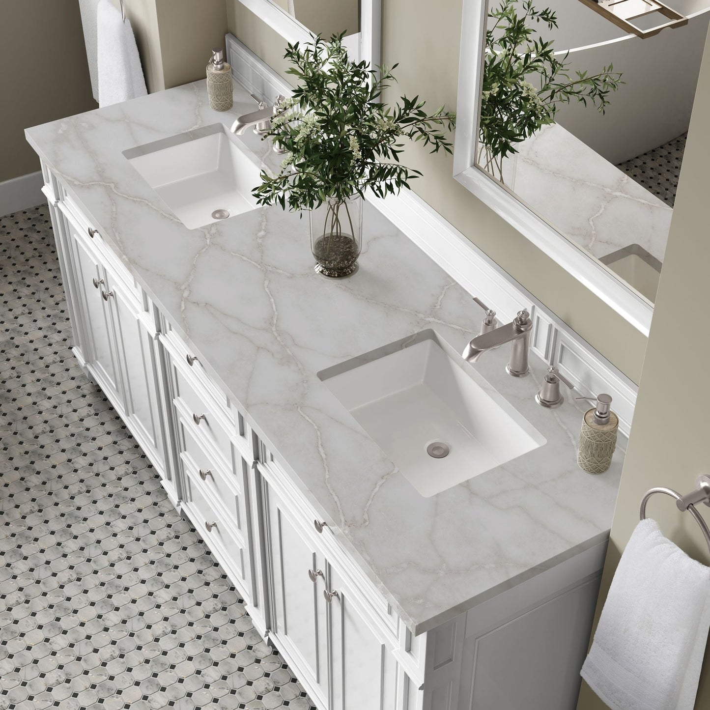 
                  
                    Bristol 72" Double Vanity in Bright White Double bathroom Vanity James Martin Vanities Victorian Silver Silestone 
                  
                