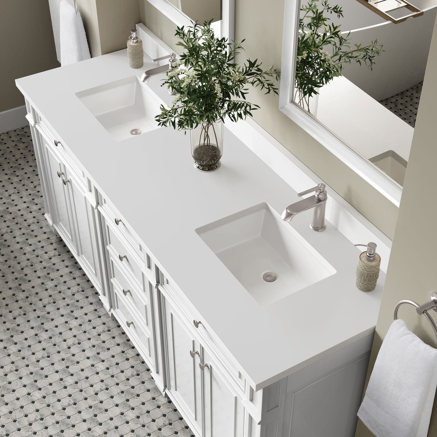 
                  
                    Bristol 72" Double Vanity in Bright White Double bathroom Vanity James Martin Vanities White Zeus Single Faucet Top w/Backsplash 
                  
                