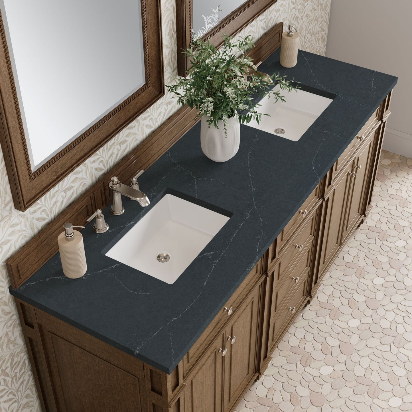 
                  
                    Bristol 72" Double Vanity in Saddle Brown Double bathroom Vanity James Martin Vanities Charcoal Soapstone Silestone 
                  
                