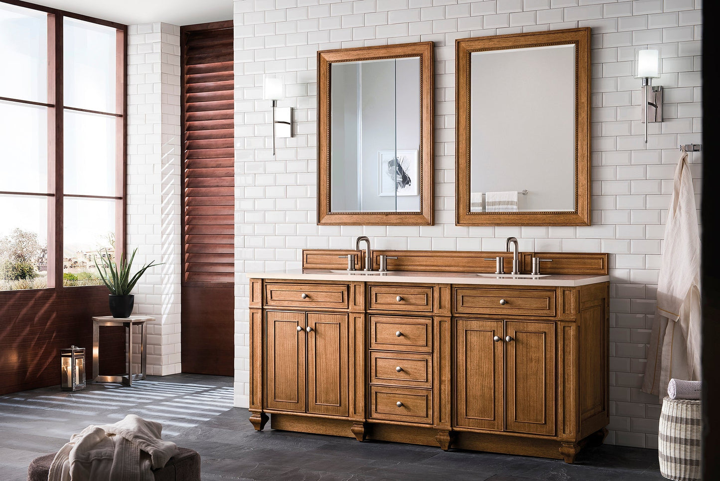 
                  
                    Bristol 72" Double Vanity in Saddle Brown Double bathroom Vanity James Martin Vanities Eternal Marfil Silestone 
                  
                