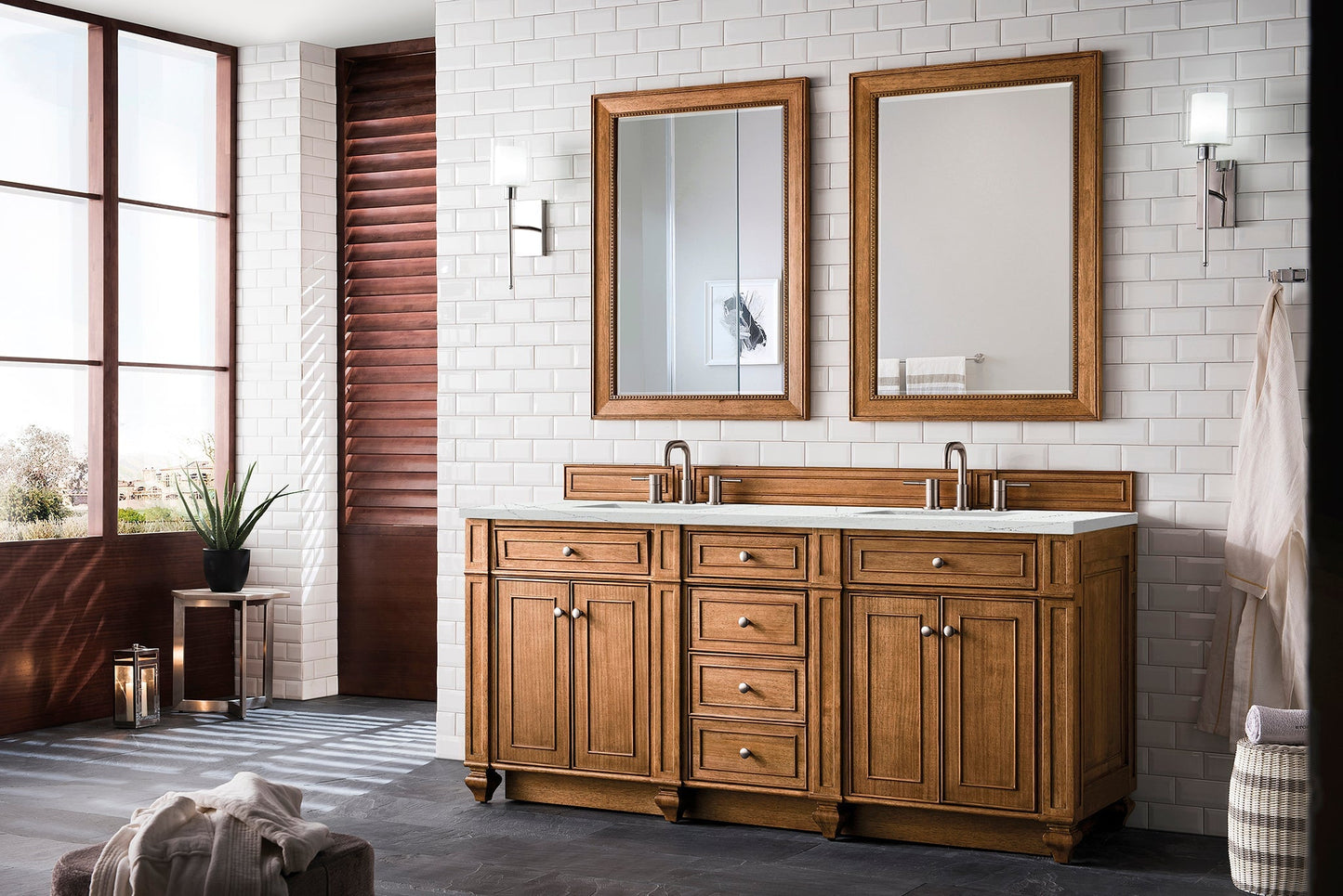 
                  
                    Bristol 72" Double Vanity in Saddle Brown Double bathroom Vanity James Martin Vanities Ethereal Noctis Silestone 
                  
                