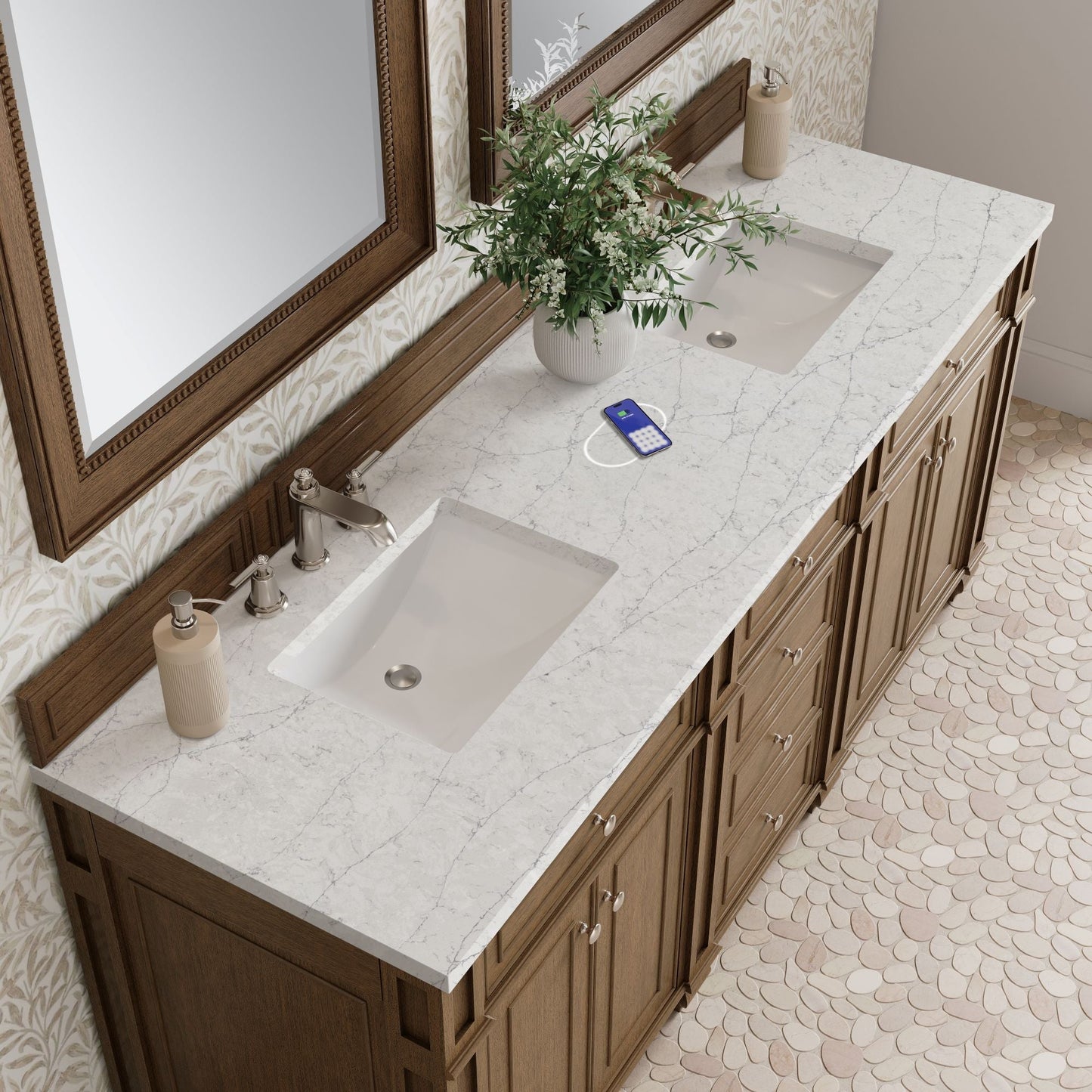 
                  
                    Bristol 72" Double Vanity in Saddle Brown Double bathroom Vanity James Martin Vanities FreePower-Enabled Eternal Jasmine Pearl Silestone 
                  
                