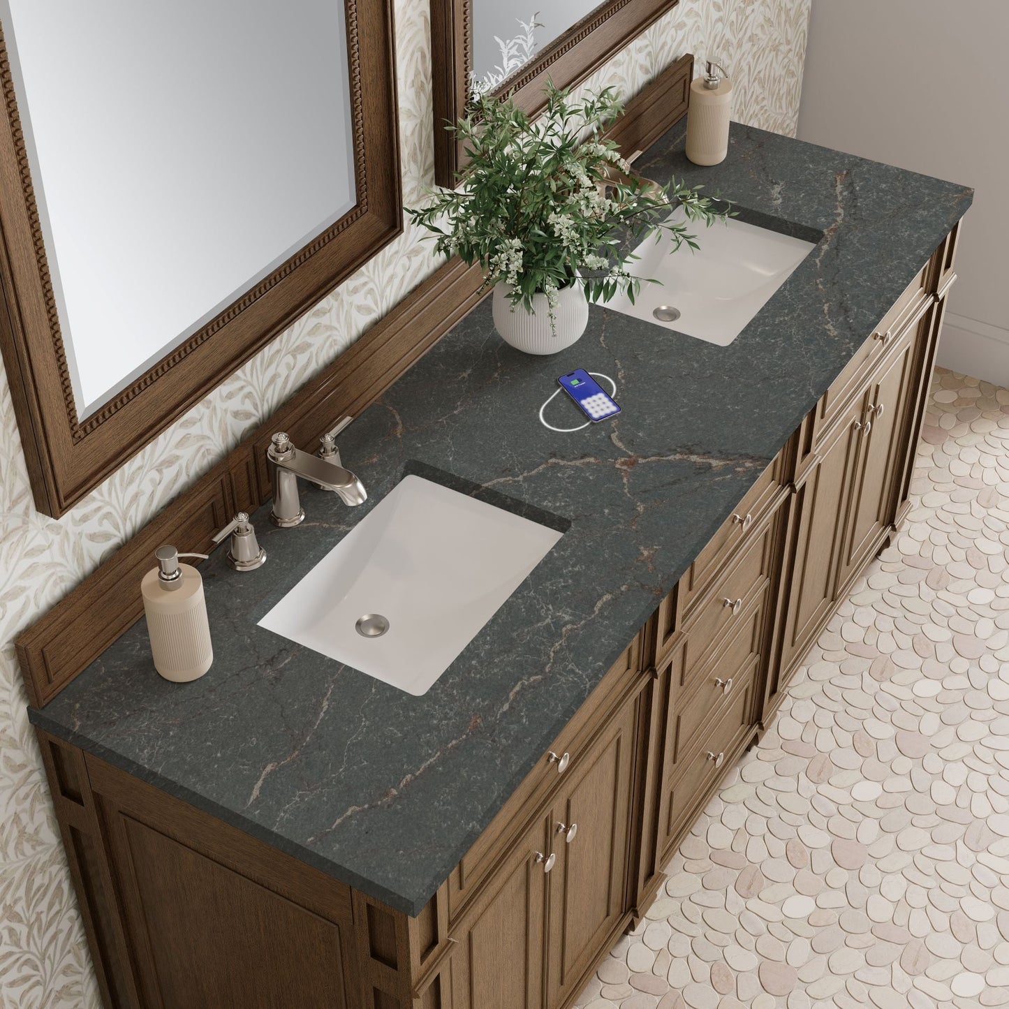 
                  
                    Bristol 72" Double Vanity in Saddle Brown Double bathroom Vanity James Martin Vanities FreePower-Enabled Parisien Bleu Silestone 
                  
                
