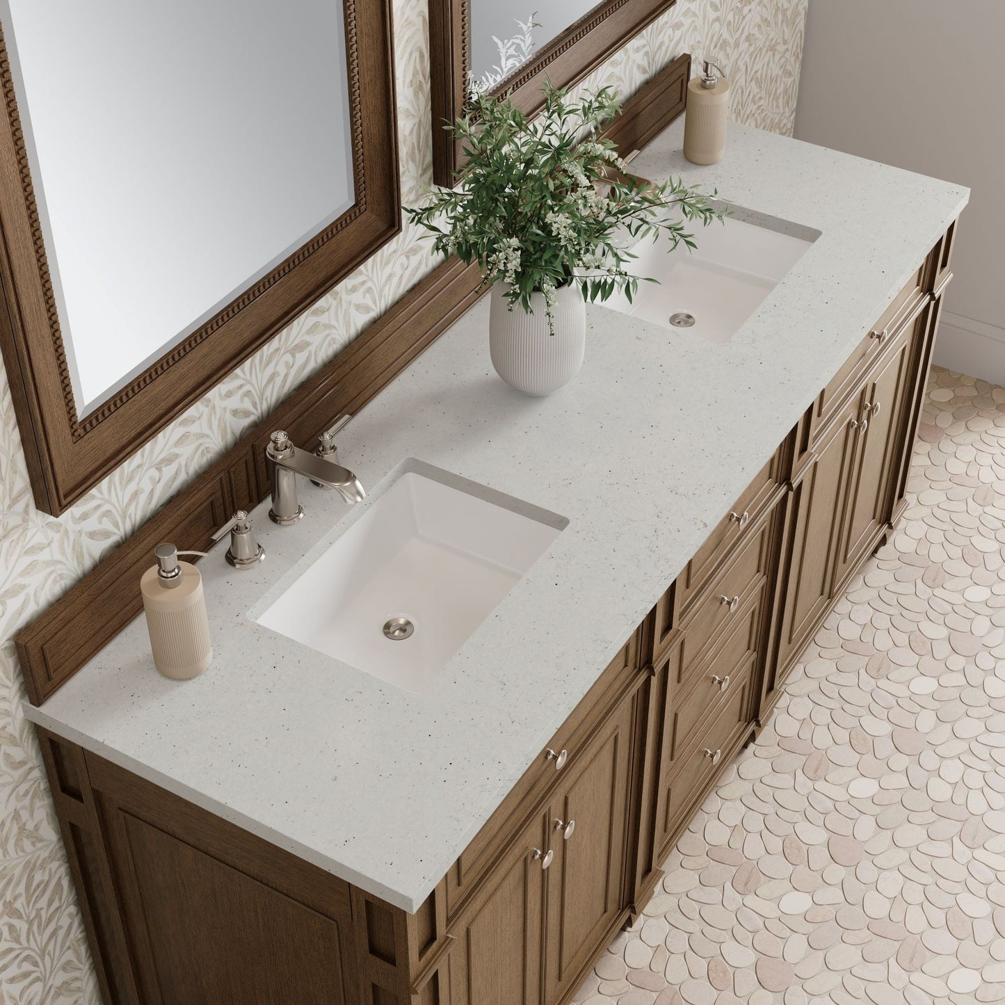 
                  
                    Bristol 72" Double Vanity in Saddle Brown Double bathroom Vanity James Martin Vanities Lime Delight Silestone 
                  
                