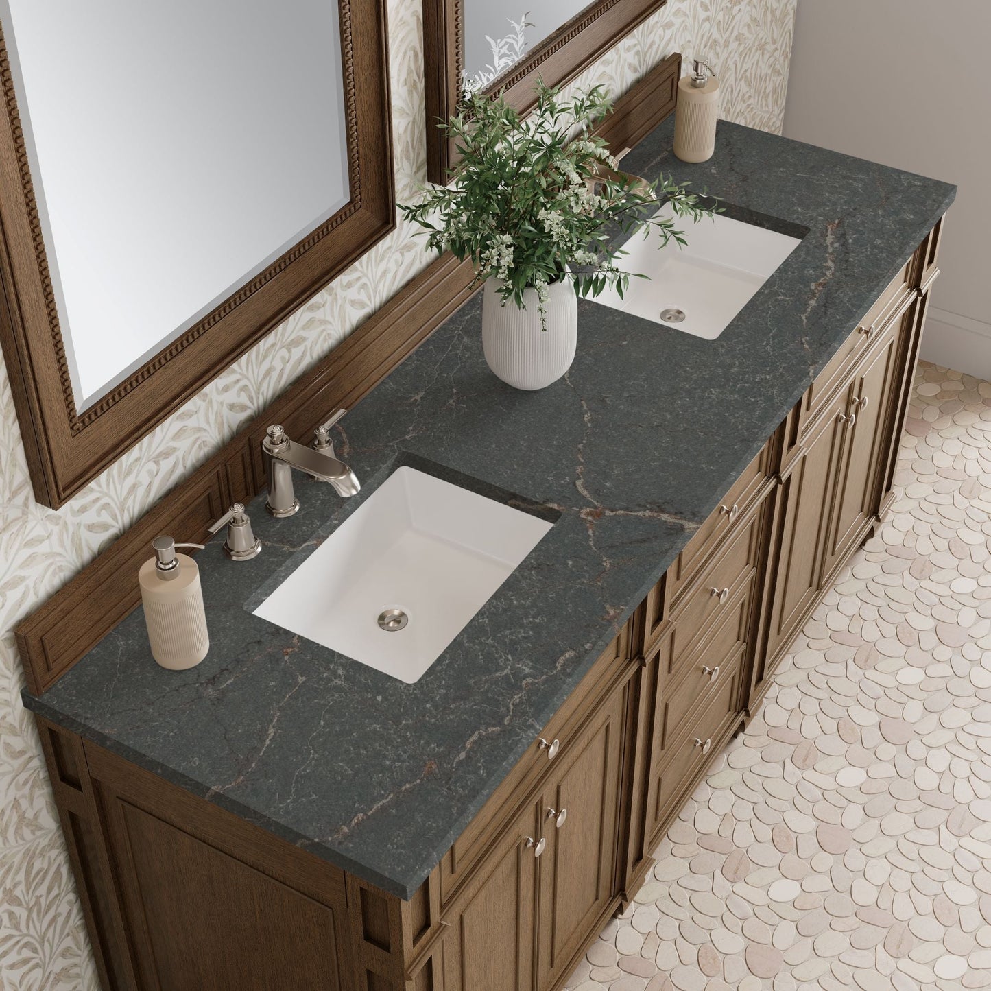 
                  
                    Bristol 72" Double Vanity in Saddle Brown Double bathroom Vanity James Martin Vanities Parisien Bleu Silestone 
                  
                