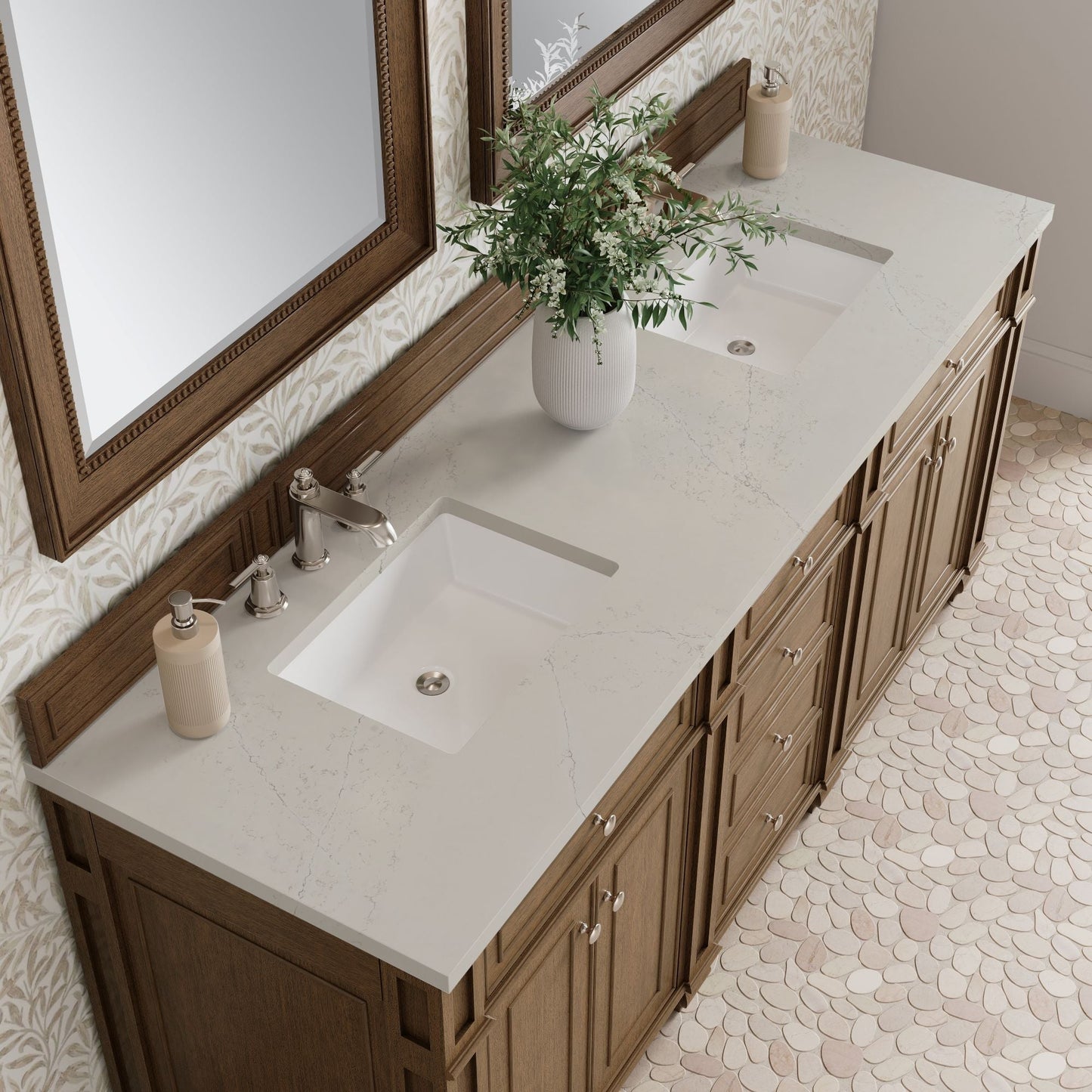 
                  
                    Bristol 72" Double Vanity in Saddle Brown Double bathroom Vanity James Martin Vanities Siberian Silestone 
                  
                