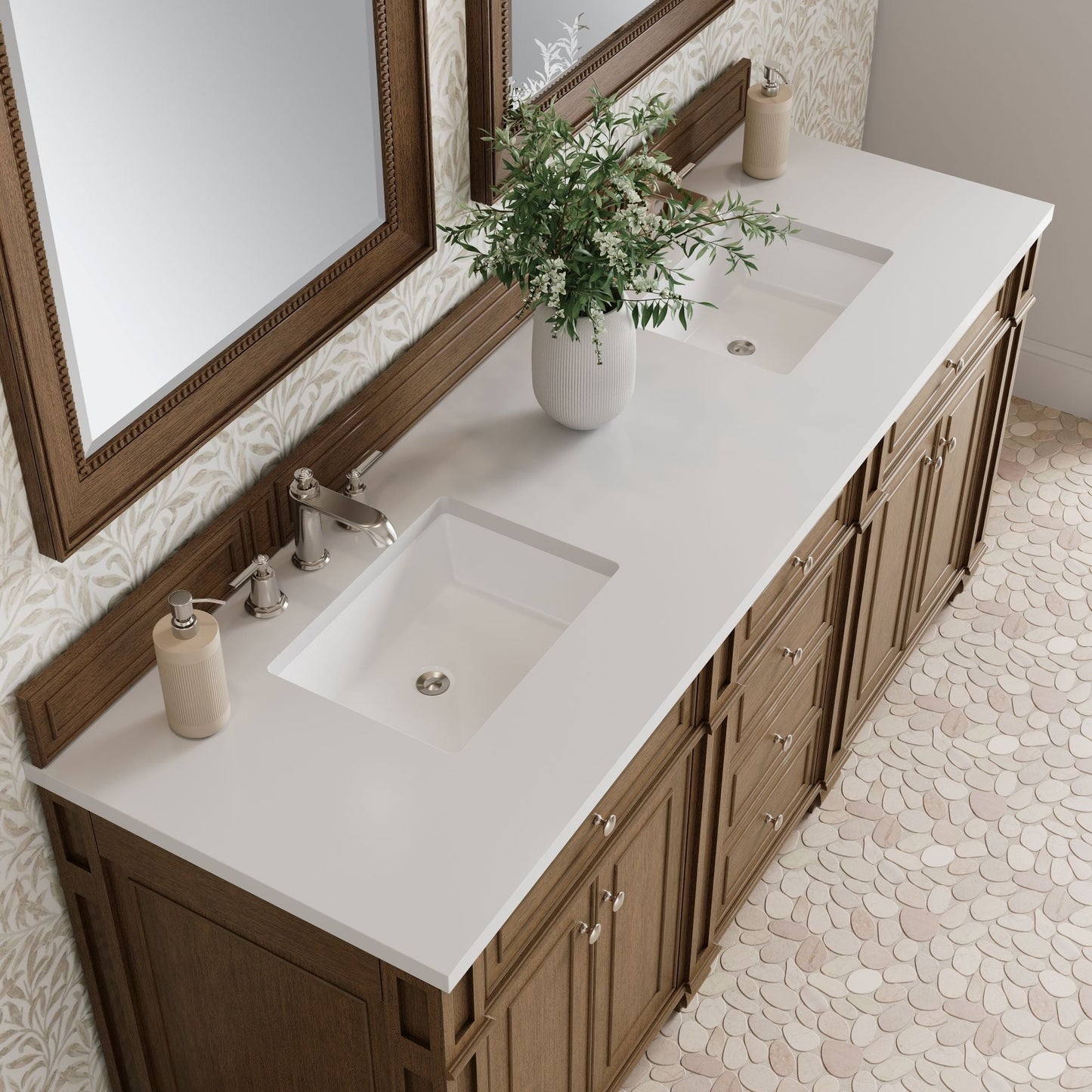 
                  
                    Bristol 72" Double Vanity in Saddle Brown Double bathroom Vanity James Martin Vanities White Zeus Silestone 
                  
                